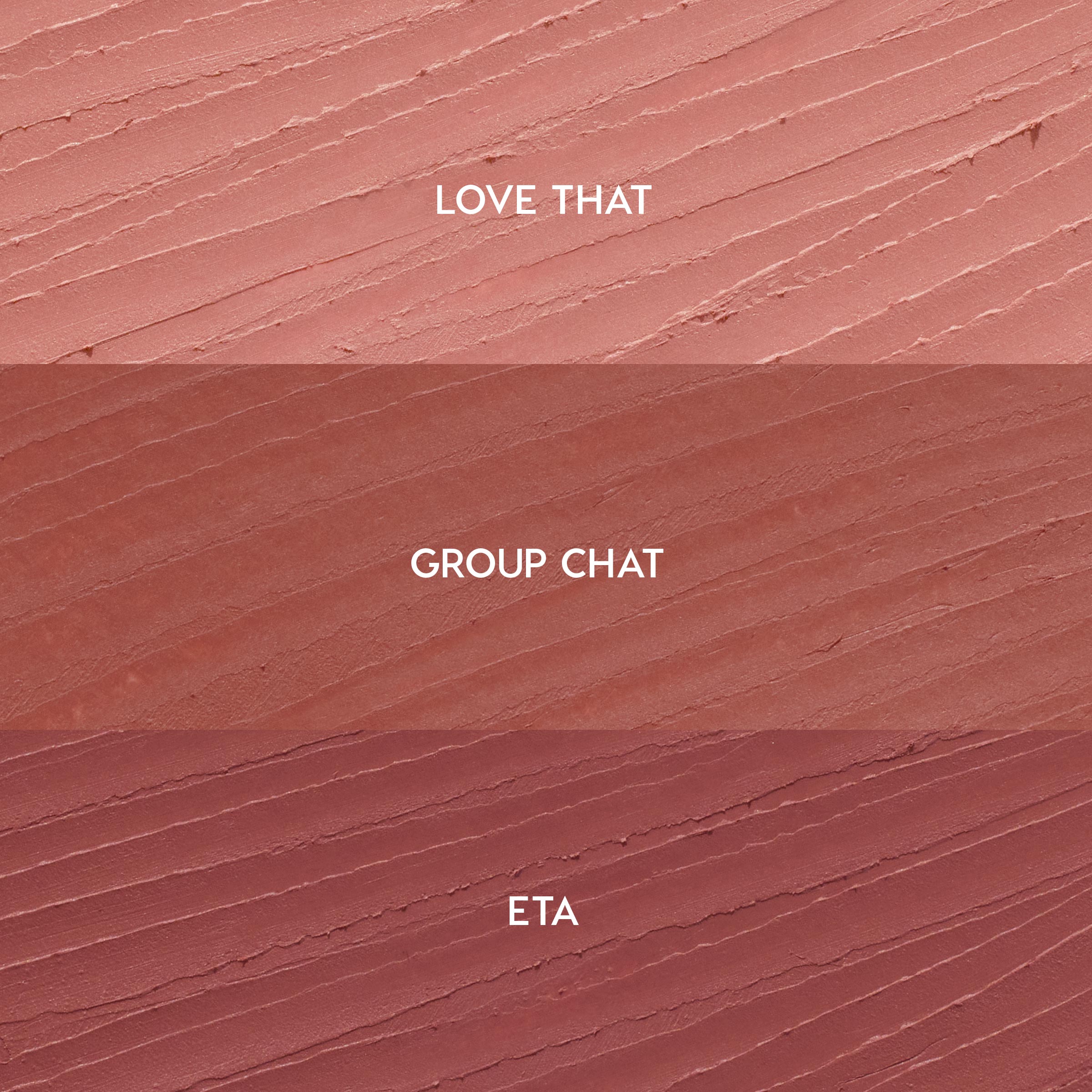 Creamy lip liner swatches show three shades for the Lips Don’t Lie ColourPop So Juicy Plumping Lip Liner Set - Love That (soft pink nude), Group Chat (warm rose), and ETA (mauve) - streaked in horizontal bands on a textured background.