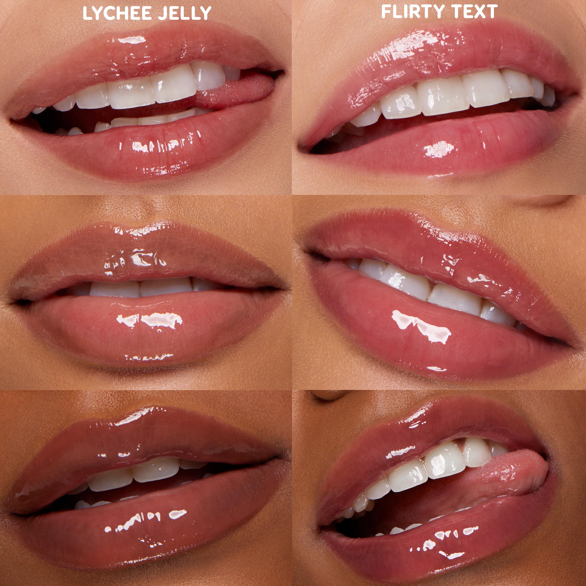 Close-up 2x3 grid shows lips wearing Plump Perfect, the ColourPop So Juicy Lip Oil Set; shades Lychee Jelly (left) and Flirty Text (right) deliver high-shine, sheer pink‑nude color for a plumped, hydrated look across multiple skin tones.