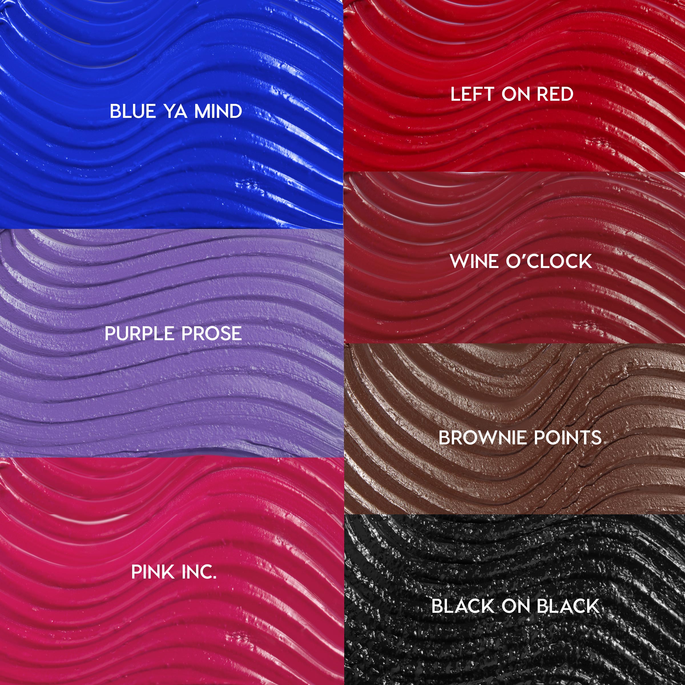 Slays of the Week ColourPop Mascara Set swatches display wavy, textured color stripes in a grid: Blue Ya Mind cobalt, Left on Red true red, Purple Prose lavender, Wine O’Clock burgundy, Pink Inc. fuchsia, Brownie Points chocolate, Black on Black.