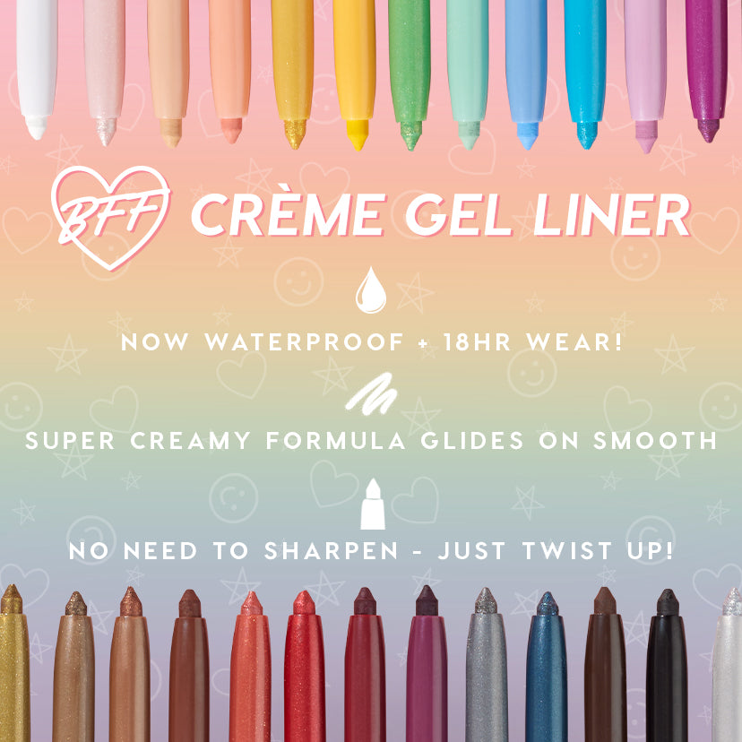 ColourPop Crème Gel Liner “Just a Fling” displayed among a rainbow lineup of twist-up pencils, tips uncapped to show vibrant shades, highlighting waterproof 18‑hour wear and super-creamy glide on a pastel gradient backdrop with playful icons.