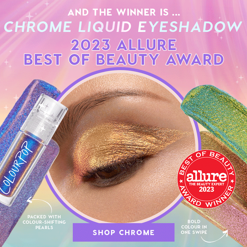 ColourPop Vibe Shift Chrome Liquid Shadow shimmering across a closed eyelid, color-shifting gold-to-pink metallic finish, with product tube and swatch beside it and a 2023 Allure Best of Beauty award badge on a pastel sparkle promo background.