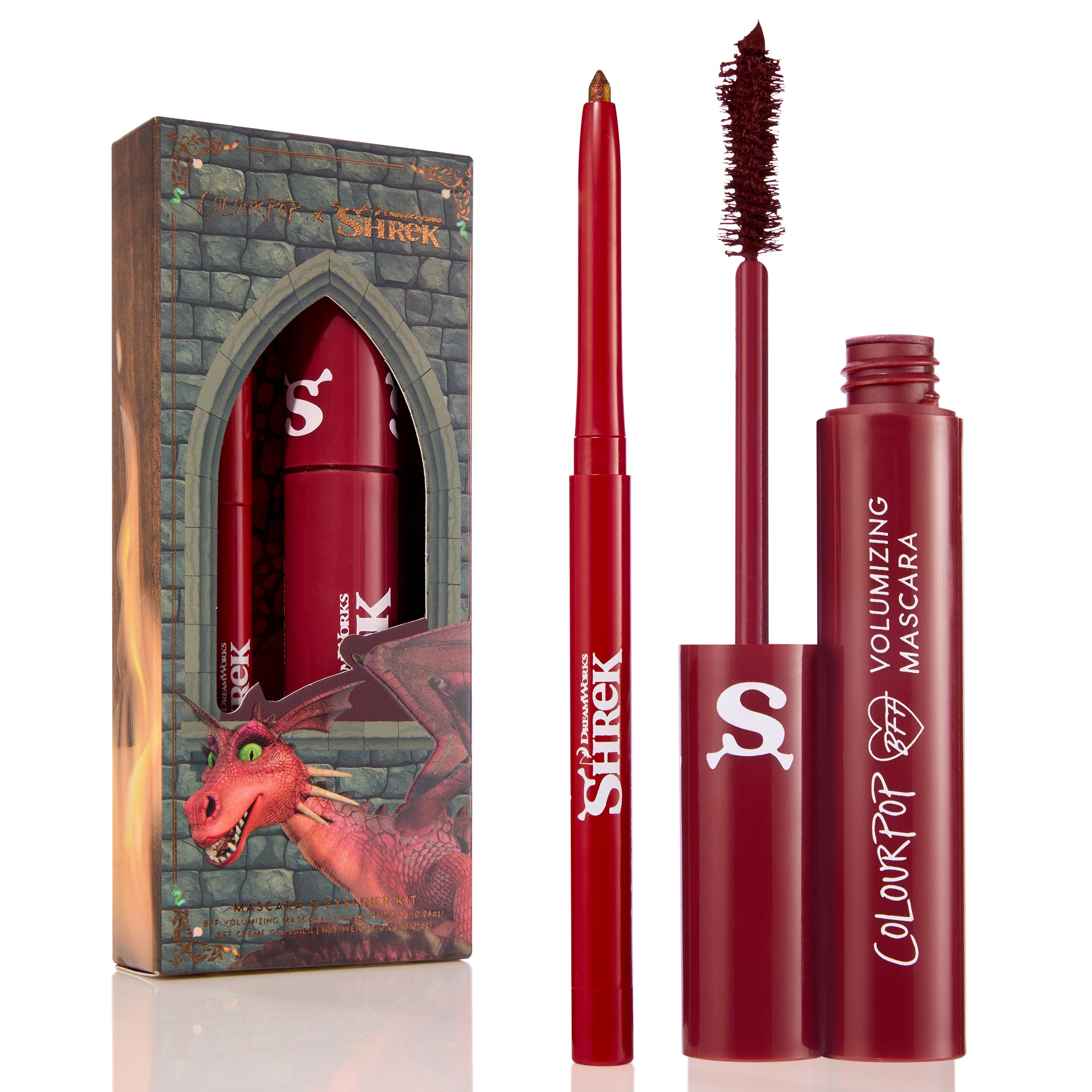 Dragon’s Keep Crème Gel Liner twisting up with a shimmery gold tip, shown uncapped beside a Shrek-themed castle box with dragon art and a matching red mascara; ColourPop Crème Gel Liner in red packaging with white logos.