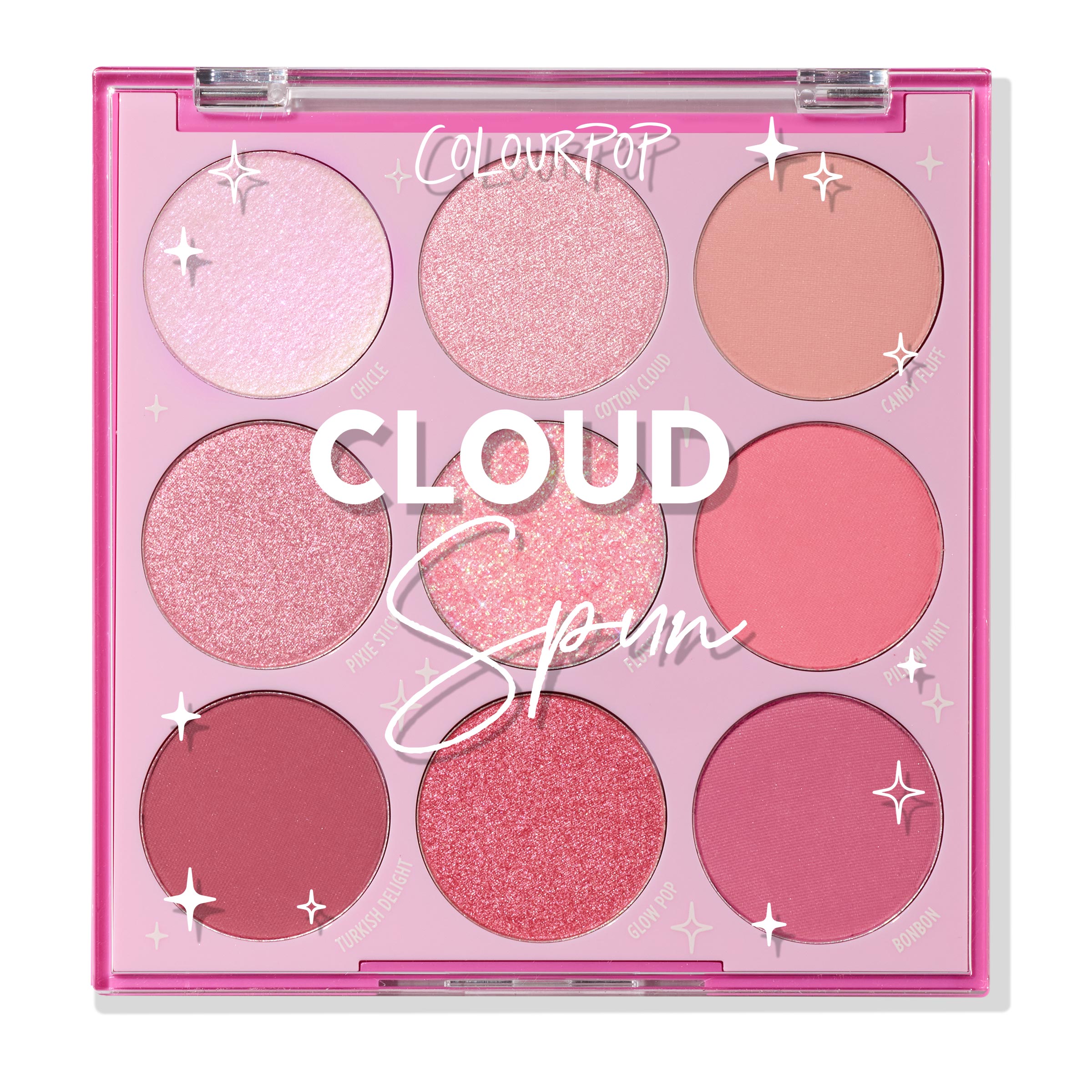 Cloud Spun ColourPop Shadow Palette showcasing nine pink eyeshadows - matte, satin, and glitter - ranging from icy baby pink to deep mauve, arranged in a 3x3 grid inside a hot-pink compact with a clear star-accented lid.