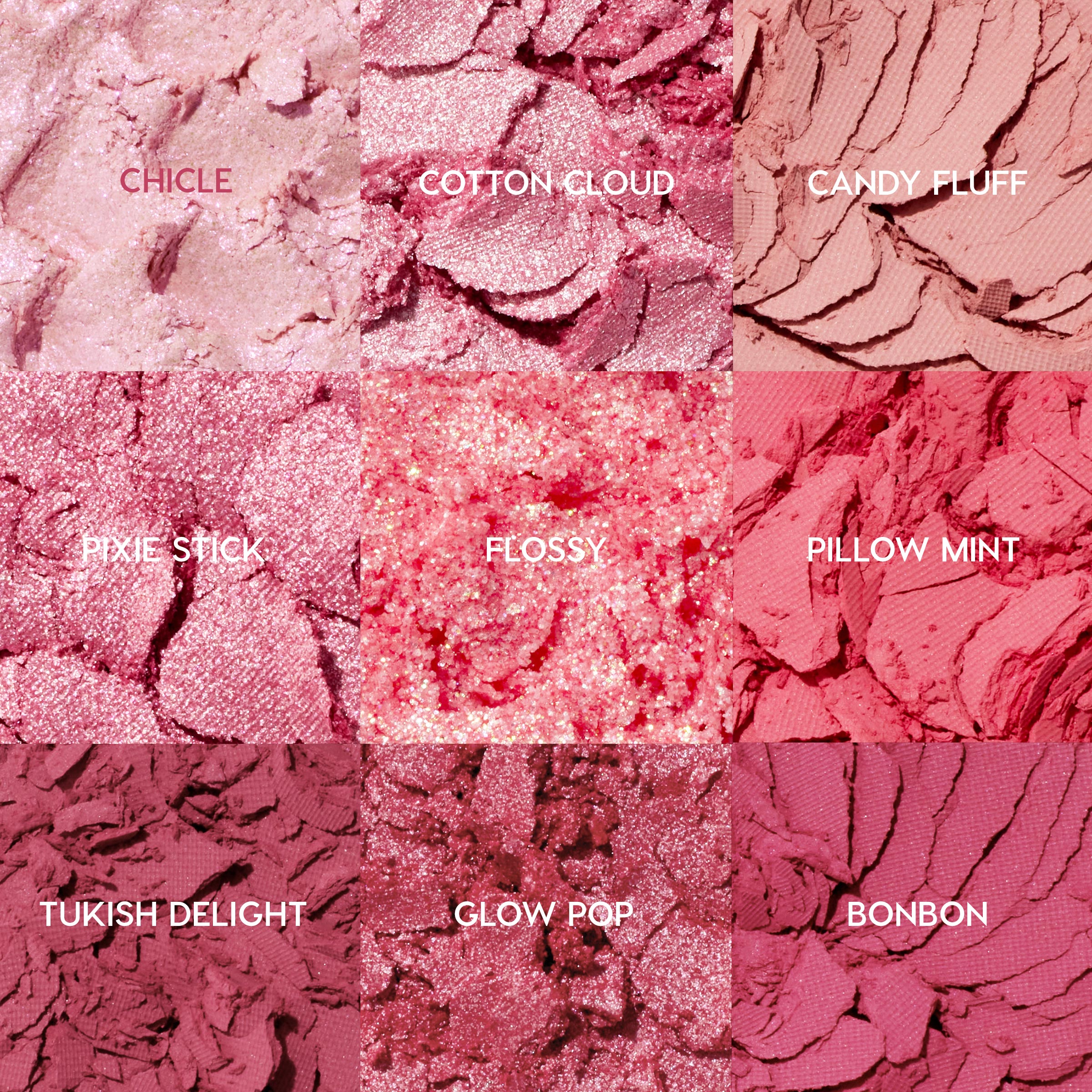 Cloud Spun ColourPop Shadow Palette displays nine crushed pink eyeshadows in a 3x3 macro grid - Chicle, Cotton Cloud, Candy Fluff, Pixie Stick, Flossy, Pillow Mint, Tukish Delight, Glow Pop, Bonbon - with matte, metallic, and glitter finishes.