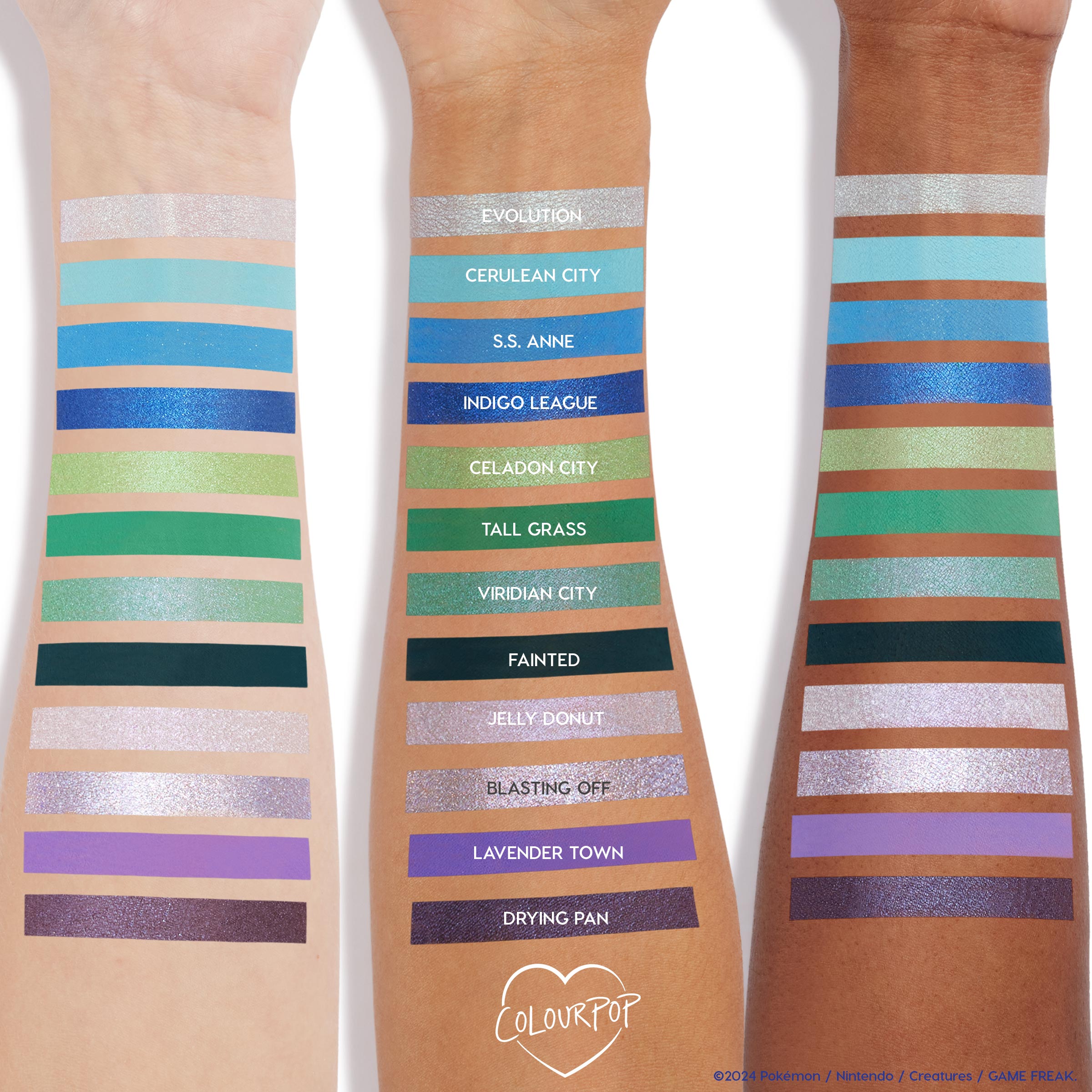 Arm swatches showcase 12 shades from Partner Up ColourPop Shadow Palette - icy silver, aqua, cobalt, greens, lilac and deep plum - in matte and metallic finishes, with shade names labeled; part of a Shadow Palette & pH Lipstick Set.