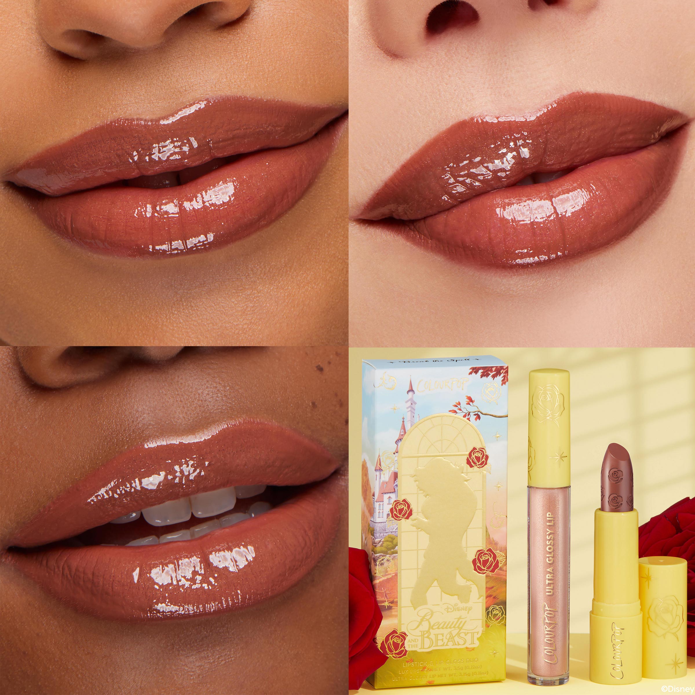 Kind at Heart ColourPop Lip & Cheek Set shows a warm rosy-nude gloss on three close-up lips, with the matching creme lipstick and gloss tubes posed beside yellow Disney Beauty and the Beast packaging on a soft yellow backdrop with red roses.