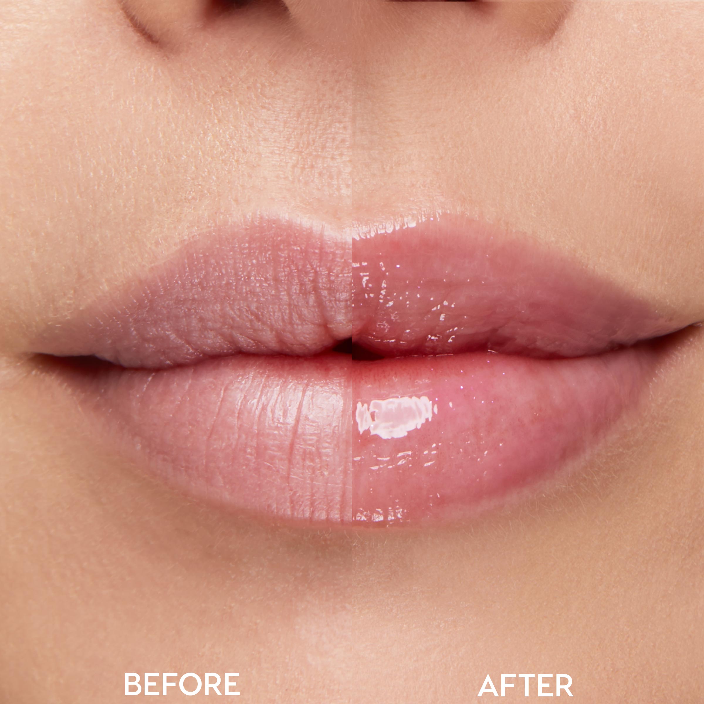 Close-up lips in a split-screen before-and-after: left side looks dry and matte, right side appears smoother with a pink, glossy finish after application, showcasing lip results from the As Old As Time ColourPop Shadow Palette, Cheek, & Lip Set.