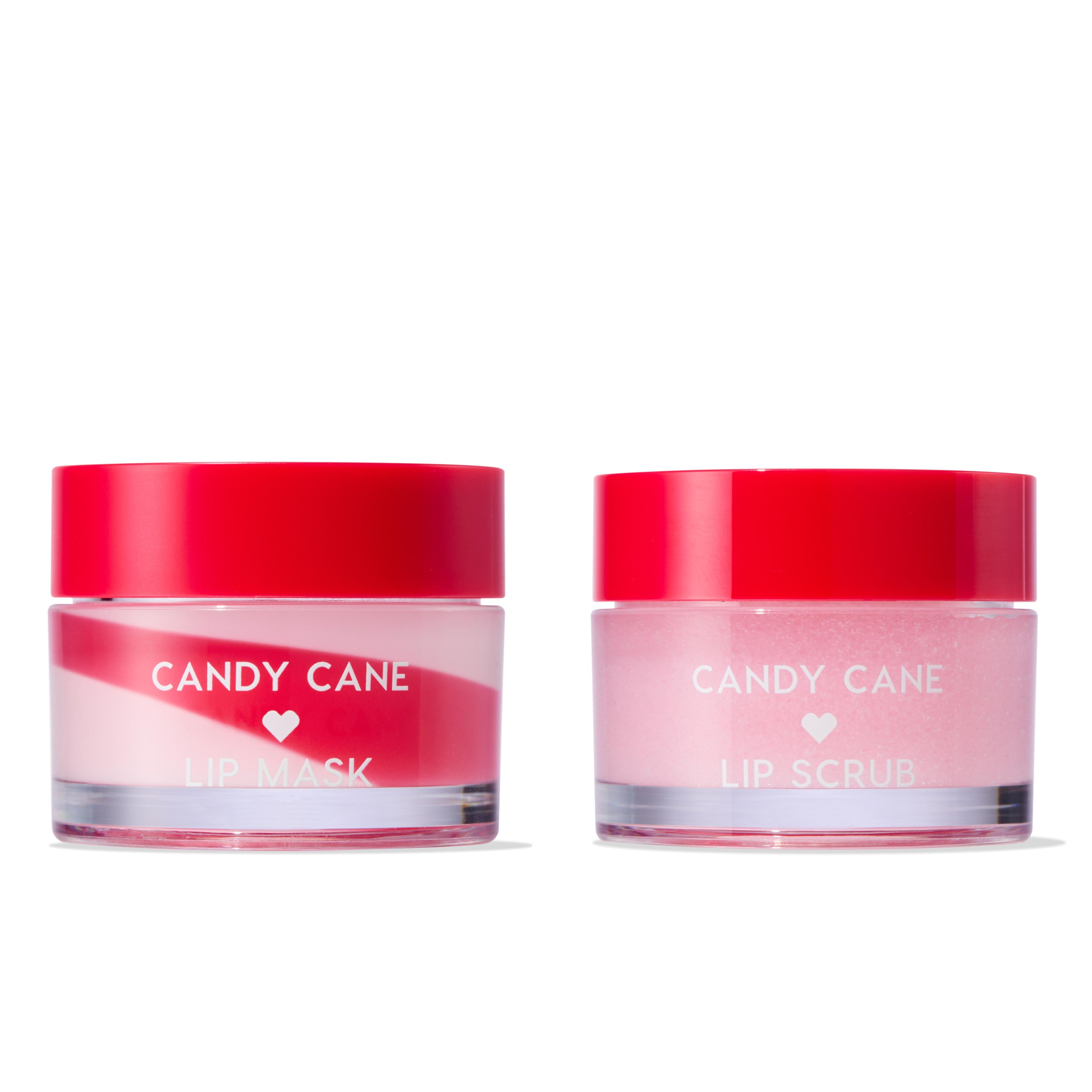 Merriest Pout Lip Set by Colourpop, showing two candy cane–themed jars side by side: a red-lidded Lip Mask with pink and white swirl and a pink shimmery Lip Scrub on a white background.