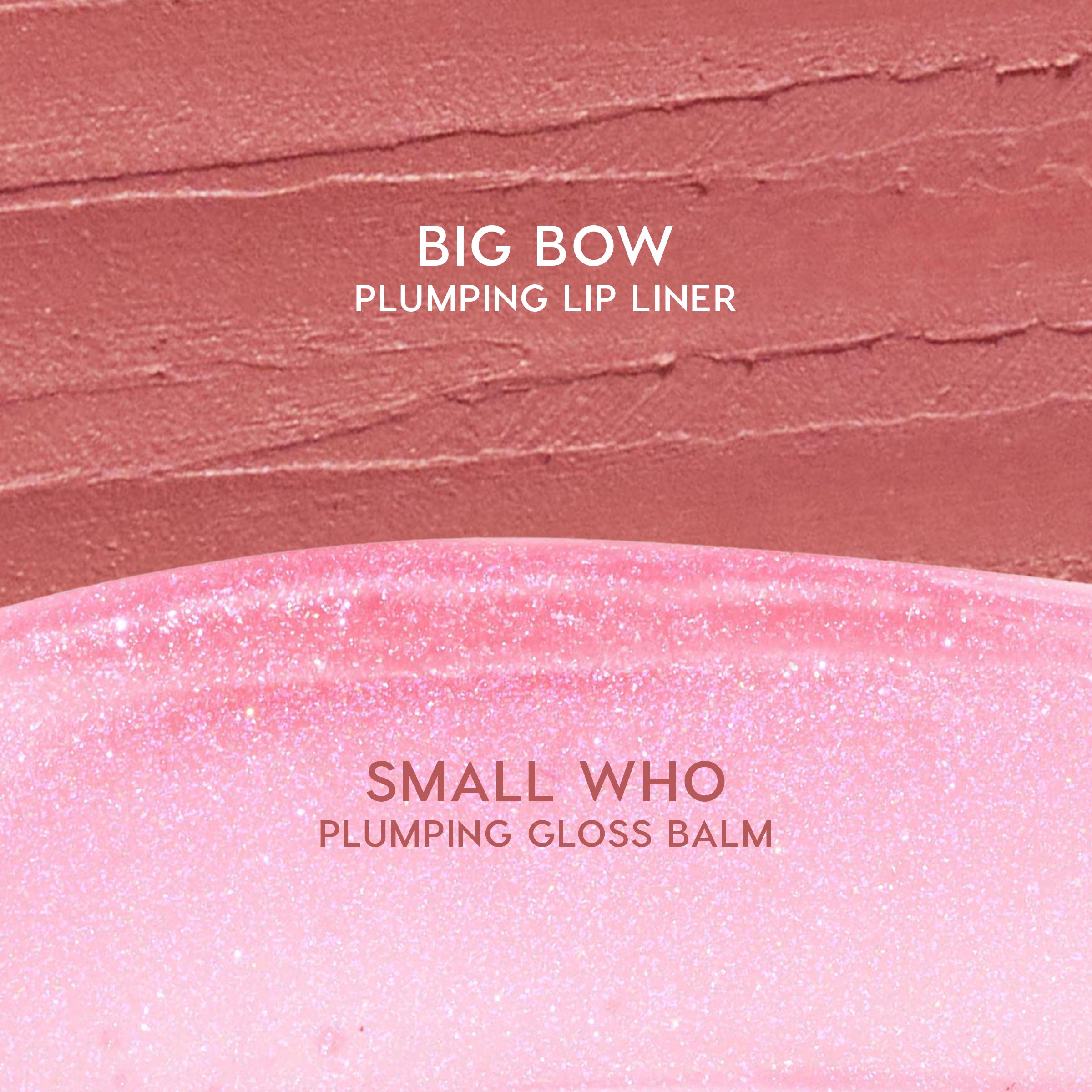 ColourPop Pinky Who So Juicy Plumping Gloss Stick swatch shown with Big Bow plumping lip liner: a textured matte mauve strip above a sheer, glittery baby‑pink gloss labeled Small Who, displayed in a close‑up studio layout.