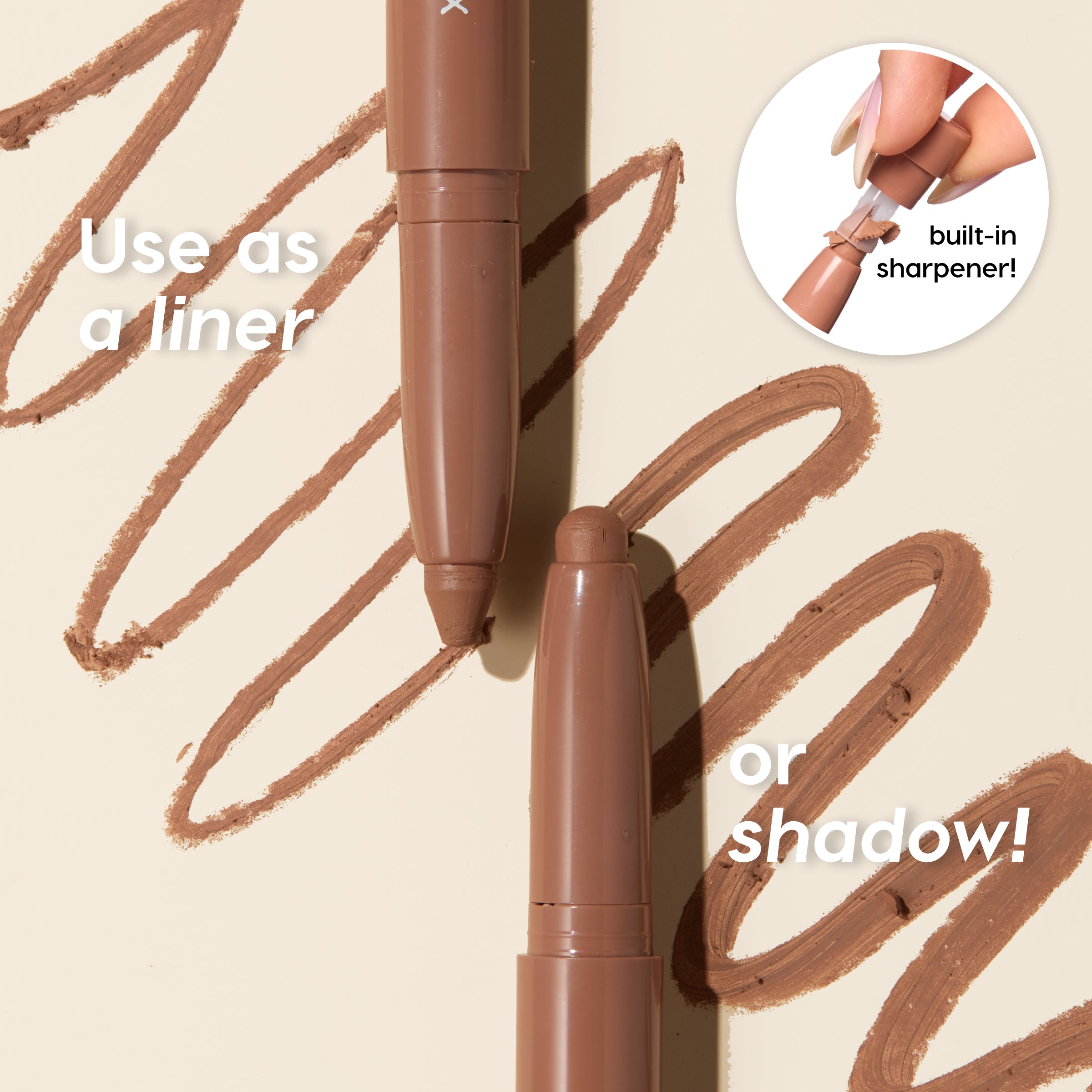 ColourPop Shadow Stix Cool Metallics drawing smooth brown metallic swirls, two twist-up shadow sticks uncapped with creamy tips and an inset showing the built-in sharpener, demonstrating use as eyeliner or eyeshadow on a beige backdrop.