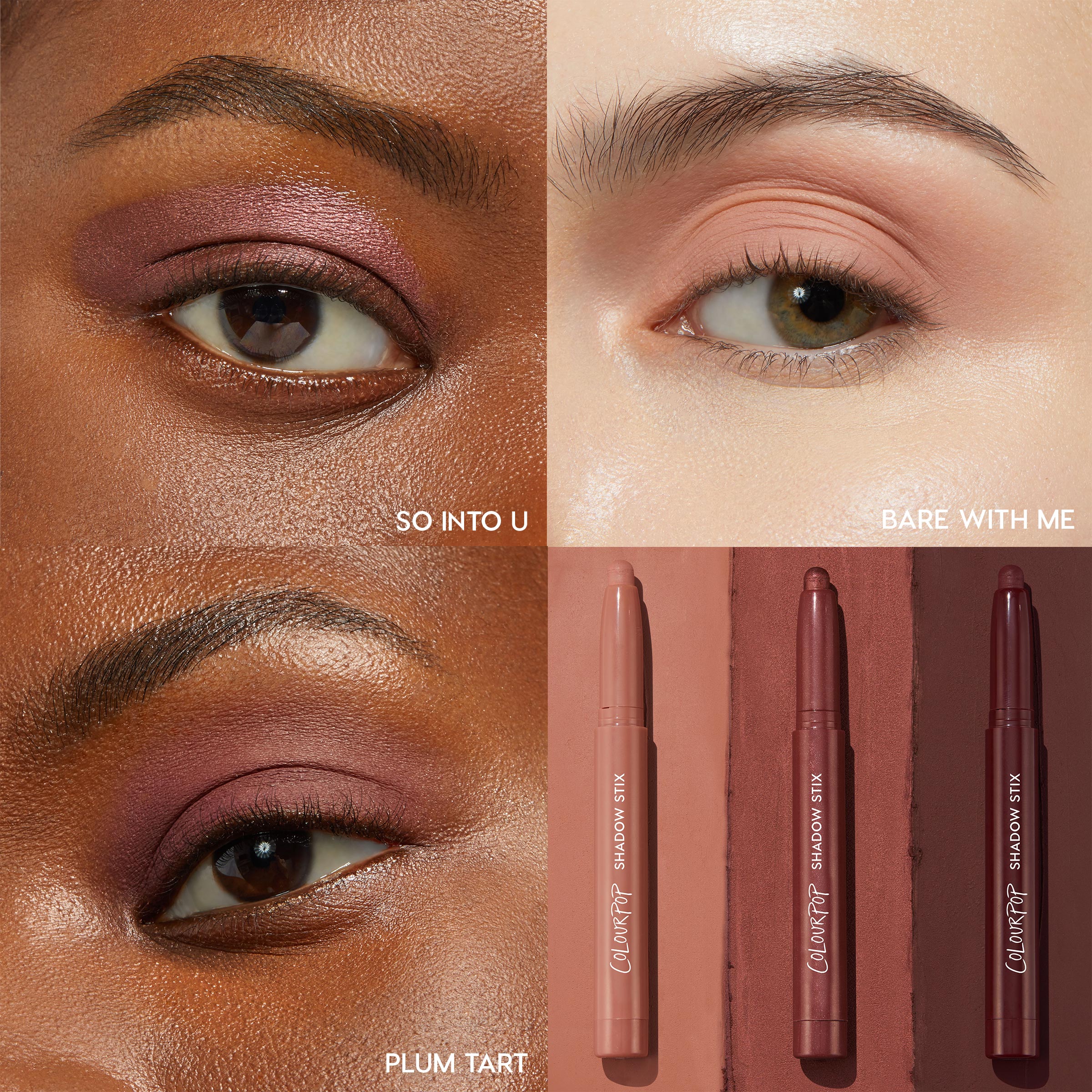ColourPop Shadow Stix Burgundy Besties showcases three shades - So Into U, Bare With Me, and Plum Tart - worn on eyelids in a split grid, with the matching nude, burgundy, and deep plum Shadow Stix displayed on tonal backdrops.