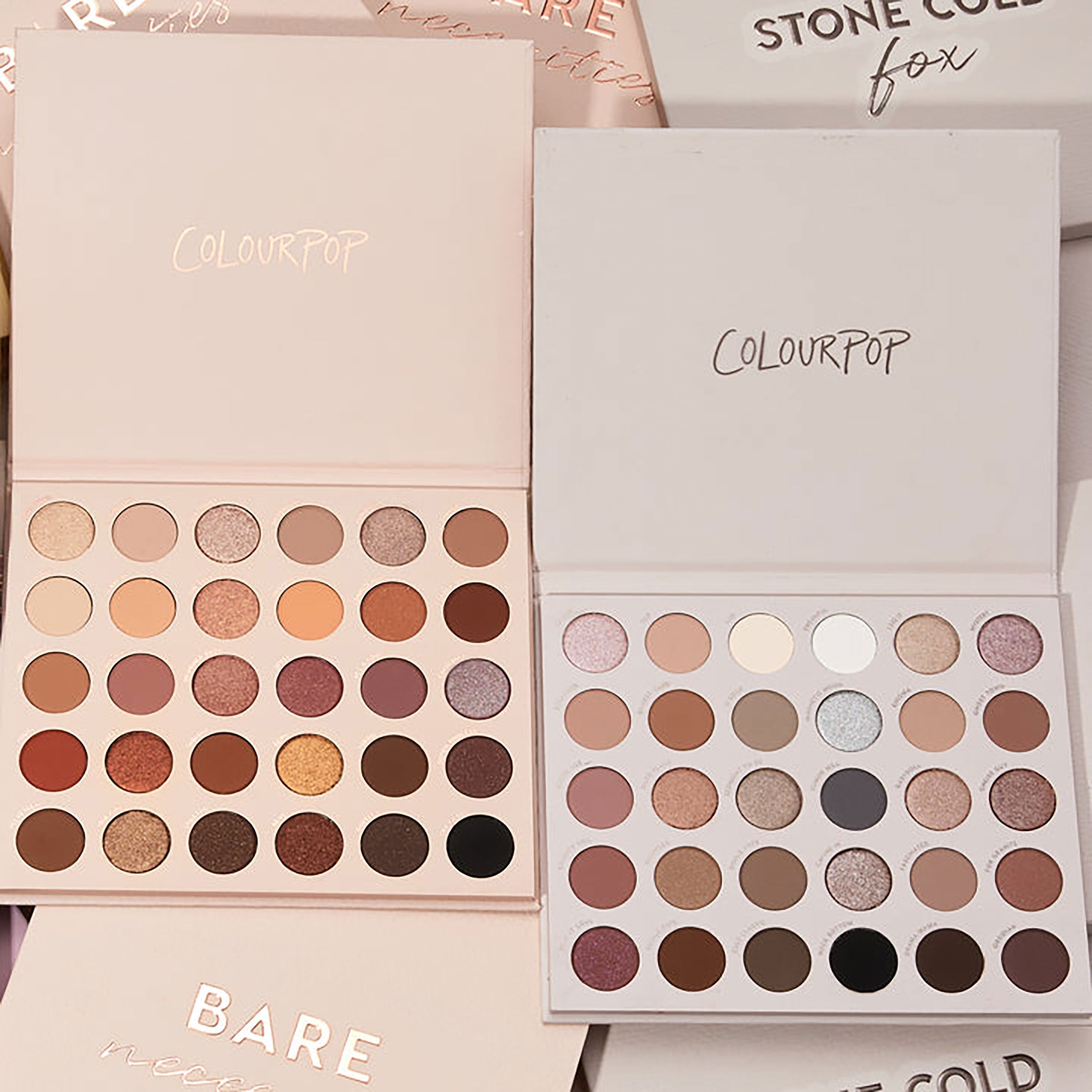Bold + Bare ColourPop Shadow Palette Set displaying two open 30-pan palettes - warm neutrals and coppers on the left, cool taupes, mauves, and charcoals on the right - with matte and shimmer finishes, on a beige background with branded sleeves.