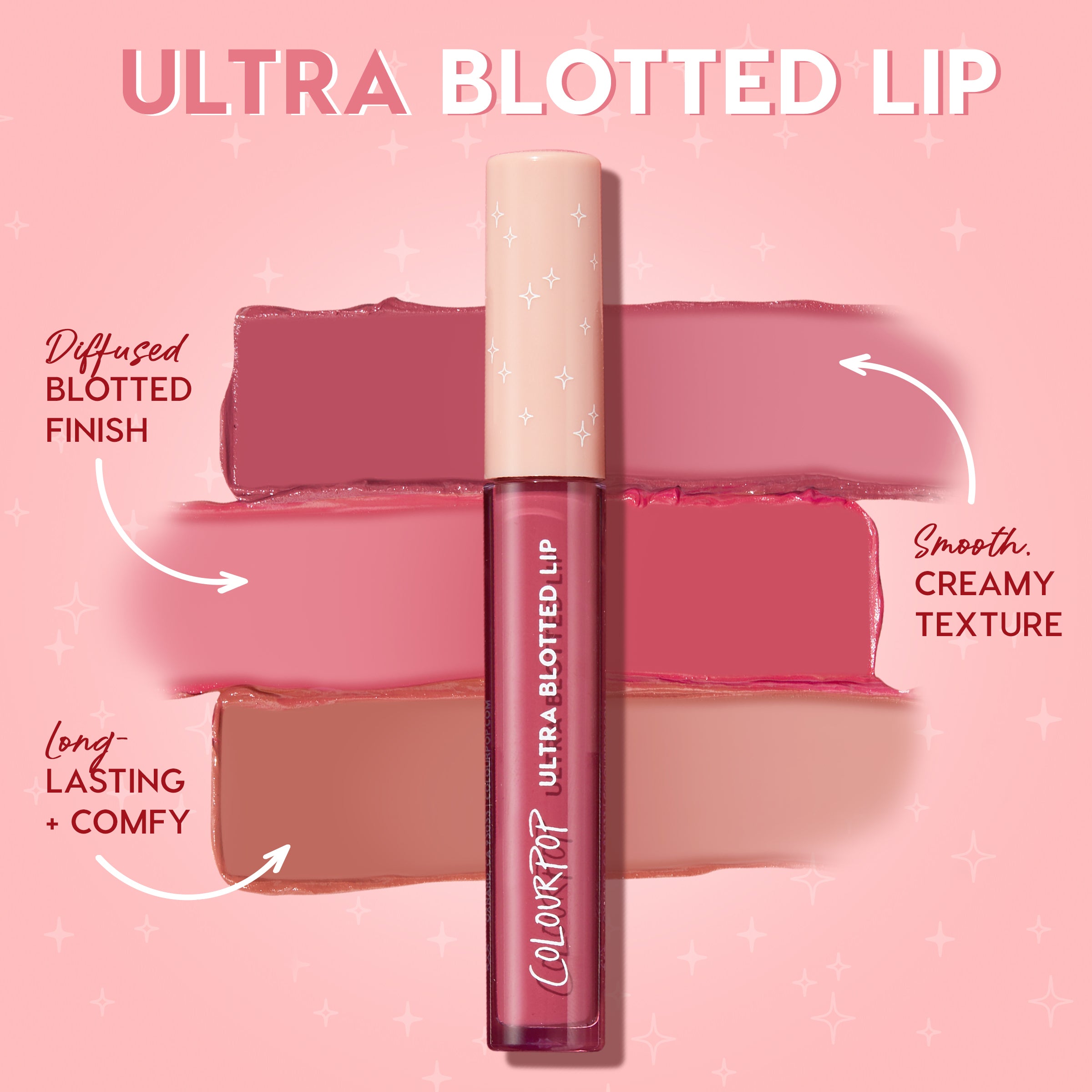 ColourPop Ultra Blotted Lip in Still an Icon stands upright over rose and nude swatches on a pink backdrop, showing a clear magenta tube with a star-print blush cap, highlighting a diffused blotted finish, smooth creamy texture, and long-lasting comfy wear.
