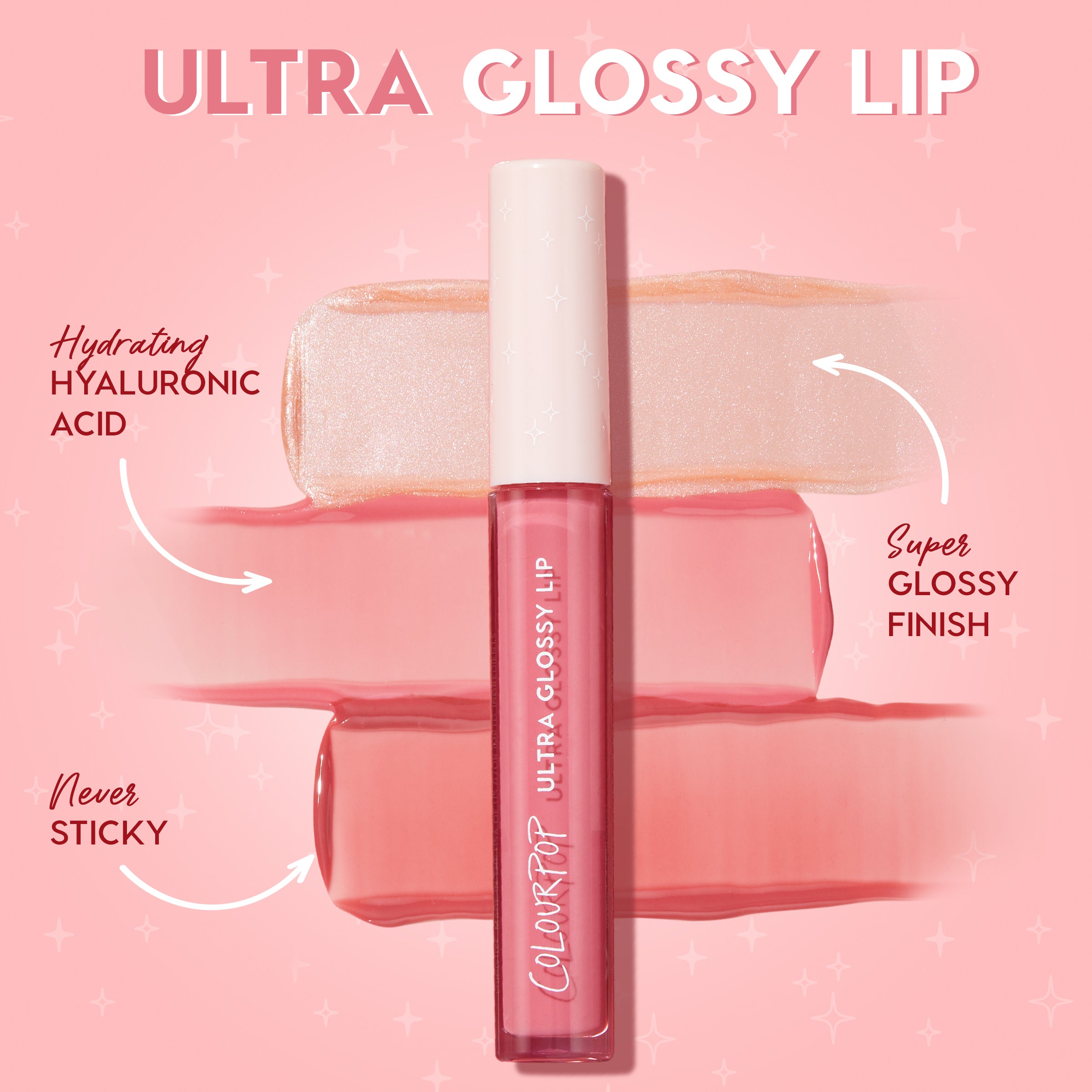 ColourPop Ultra Glossy Lip in 20 Carats stands centered with a white cap over shimmery champagne and rosy swatches, highlighting hydrating hyaluronic acid and a super glossy, never-sticky finish on a pink starry backdrop.