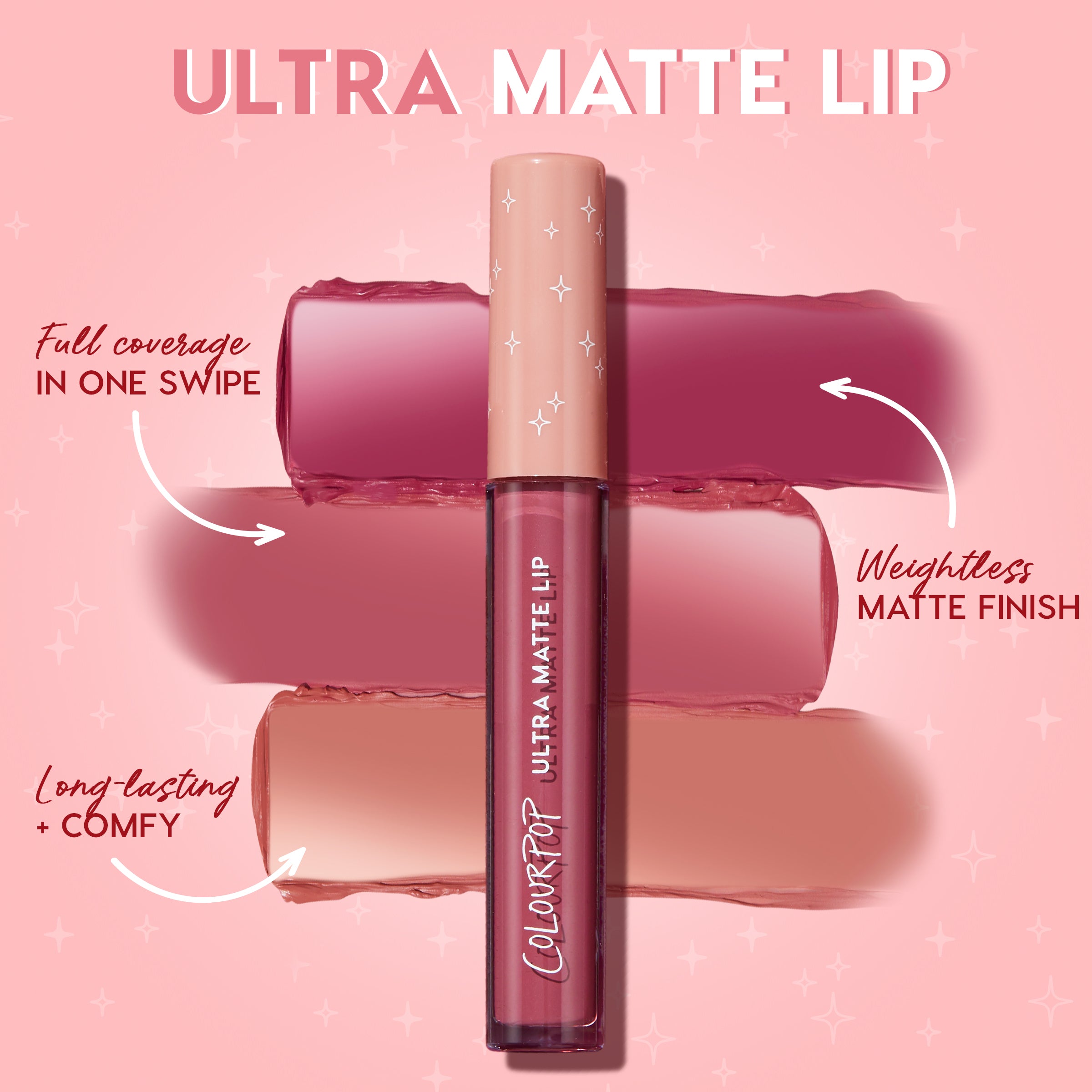 ColourPop Ultra Matte Lip in LAX stands upright with deep burgundy swatch and nude and mauve strokes behind, showcasing full coverage in one swipe, a weightless matte finish, and long‑lasting comfy wear on a pink starry backdrop.