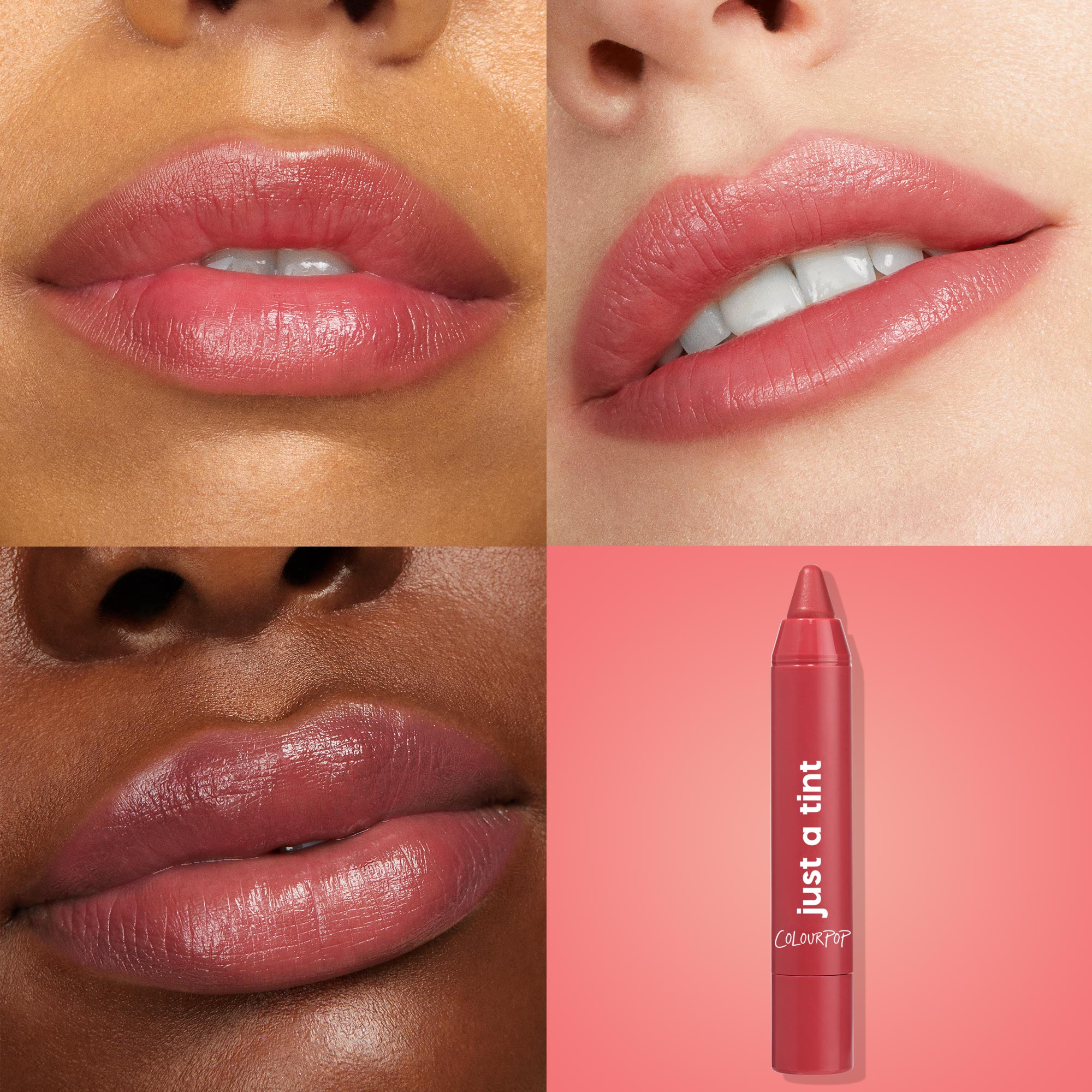 A Go Go ColourPop Lip Tint adding a sheer rosy-peach glow - three close-up lip swatches on different skin tones beside the Just a Tint crayon on a pink gradient background, showing hydrating shine and buildable color.