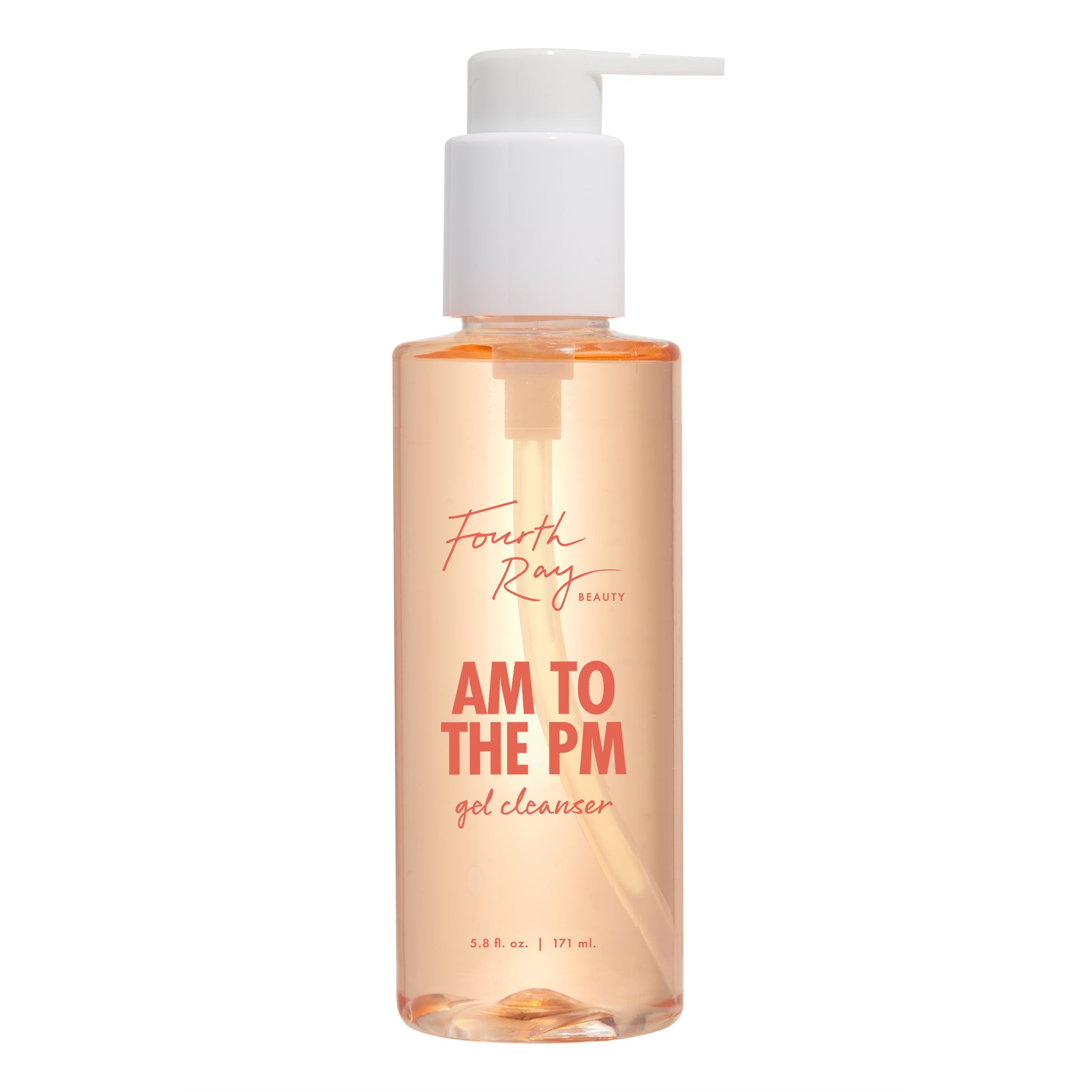 AM to the PM Gel Cleanser face cleanser by ColourPop Fourth Ray Beauty stands upright with a white pump, showing peach-tinted gel in a clear 5.8 fl oz (171 ml) bottle against a white background, ready for daily use.