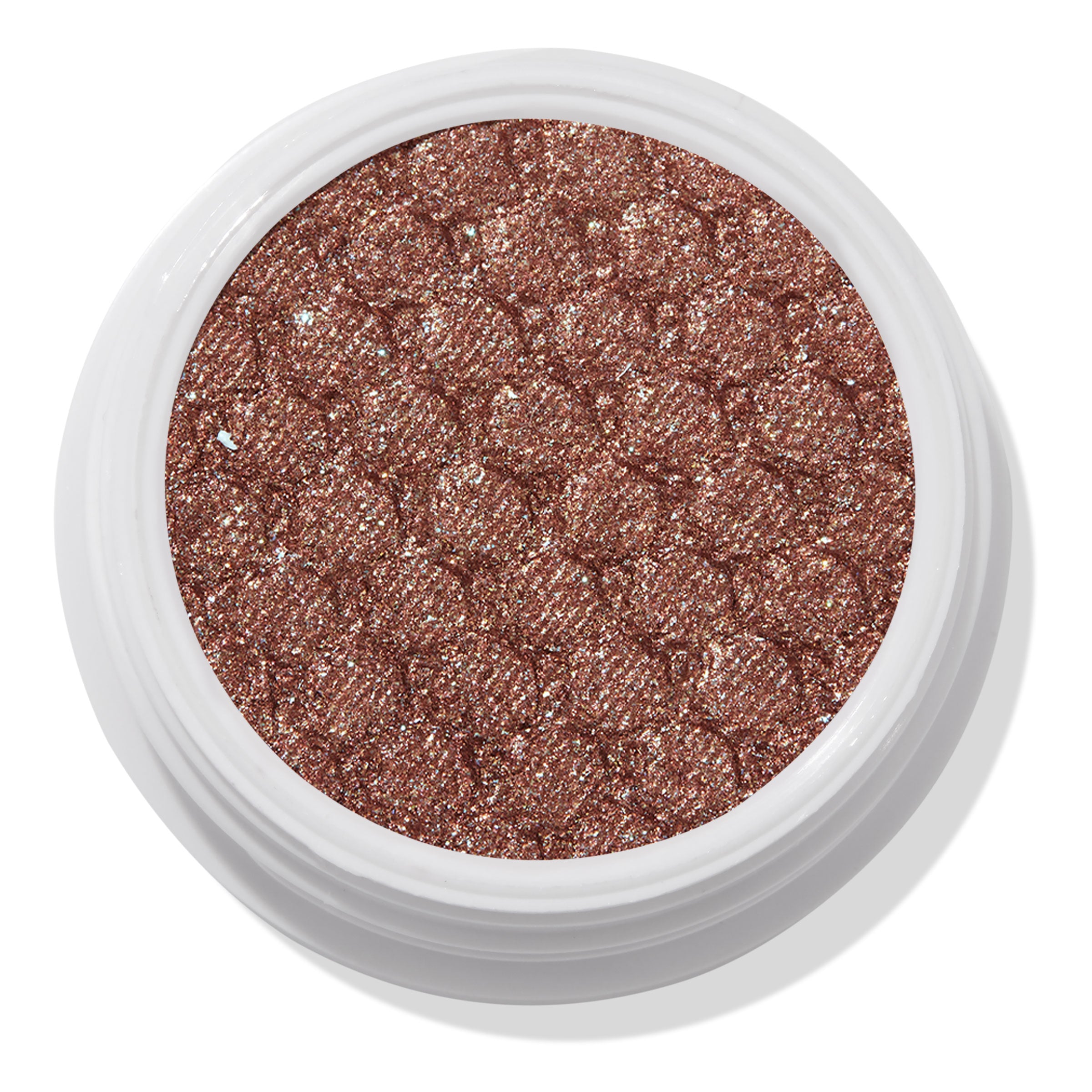 ColourPop Abbot Kinney Super Shock Shadow shimmering rose-gold copper eyeshadow sparkles with a quilted metallic finish, filling a round white pot in a close-up product shot on a white background.