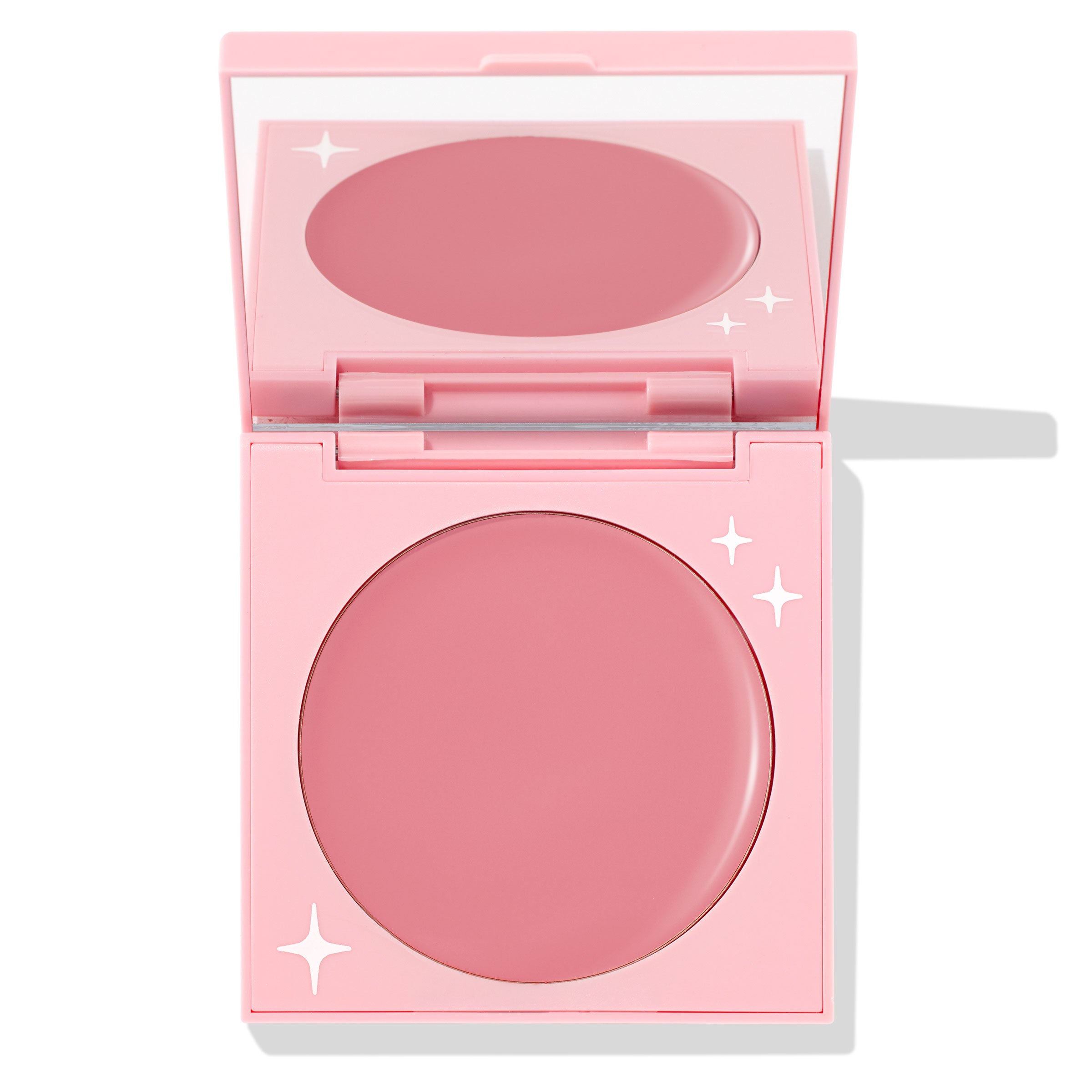 Angel Energy ColourPop Cream Blush compact opened to reveal a rosy-pink pan and mirror, housed in a pastel pink square case with white star accents on a clean white background.