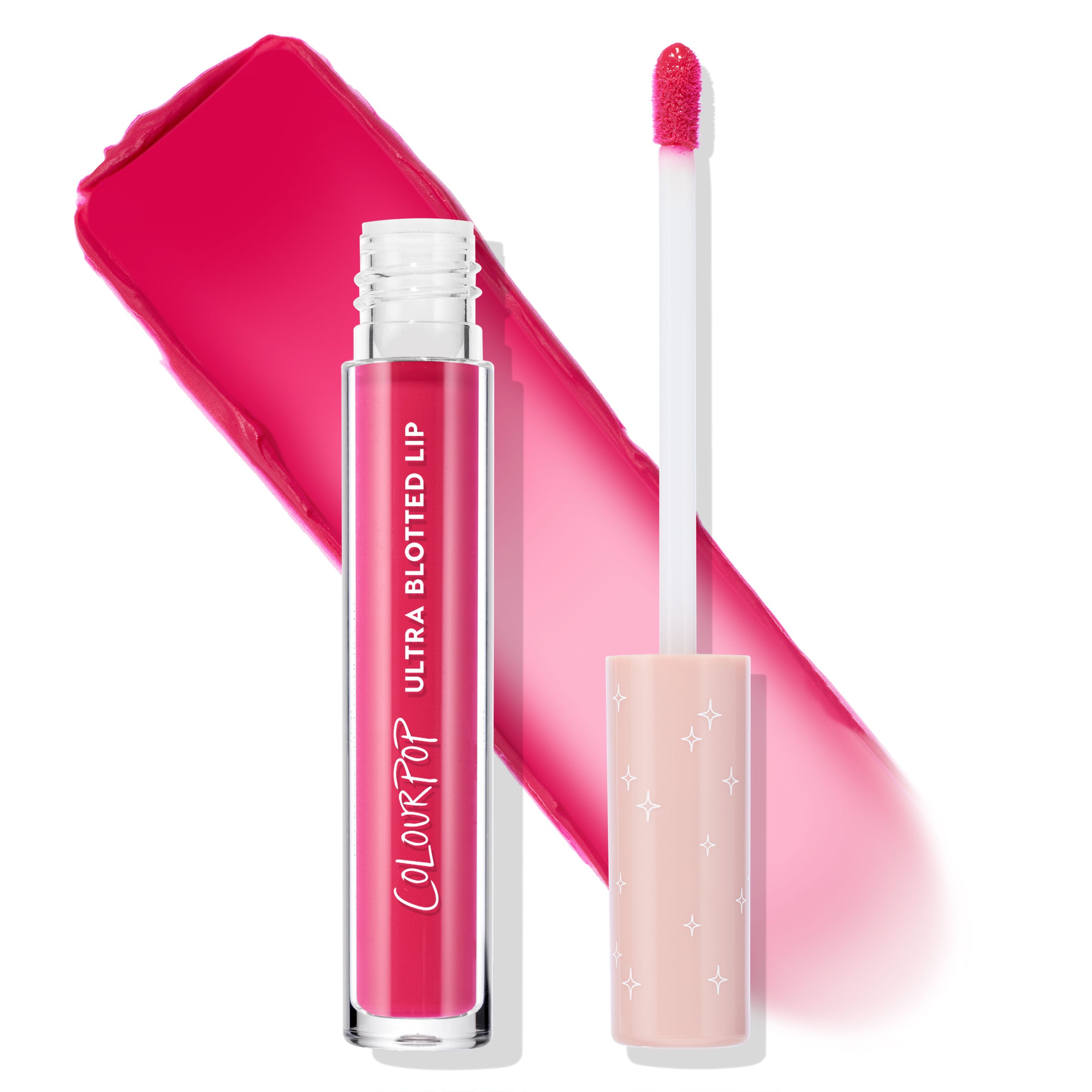 ColourPop Ultra Blotted Lip in Attention Plz stands open beside its doe-foot applicator with star-print peach cap, revealing a sheer fuchsia swatch behind the clear tube with white lettering on a white background.