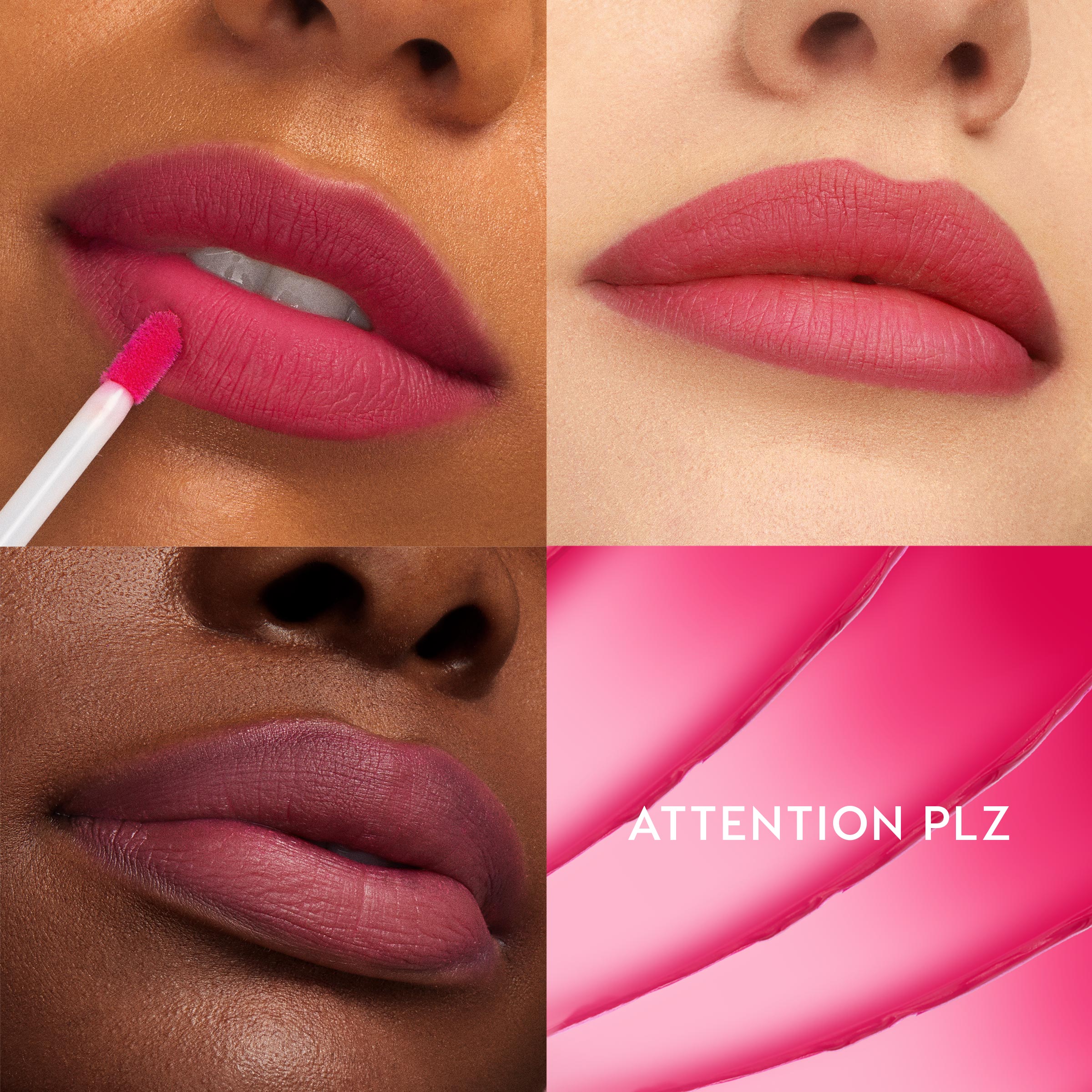 ColourPop Ultra Blotted Lip in Attention Plz swipes on with a doe-foot to create a soft-matte, blotted bright pink finish, shown on three models in a four-panel grid with a glossy shade swatch labeled “ATTENTION PLZ.”