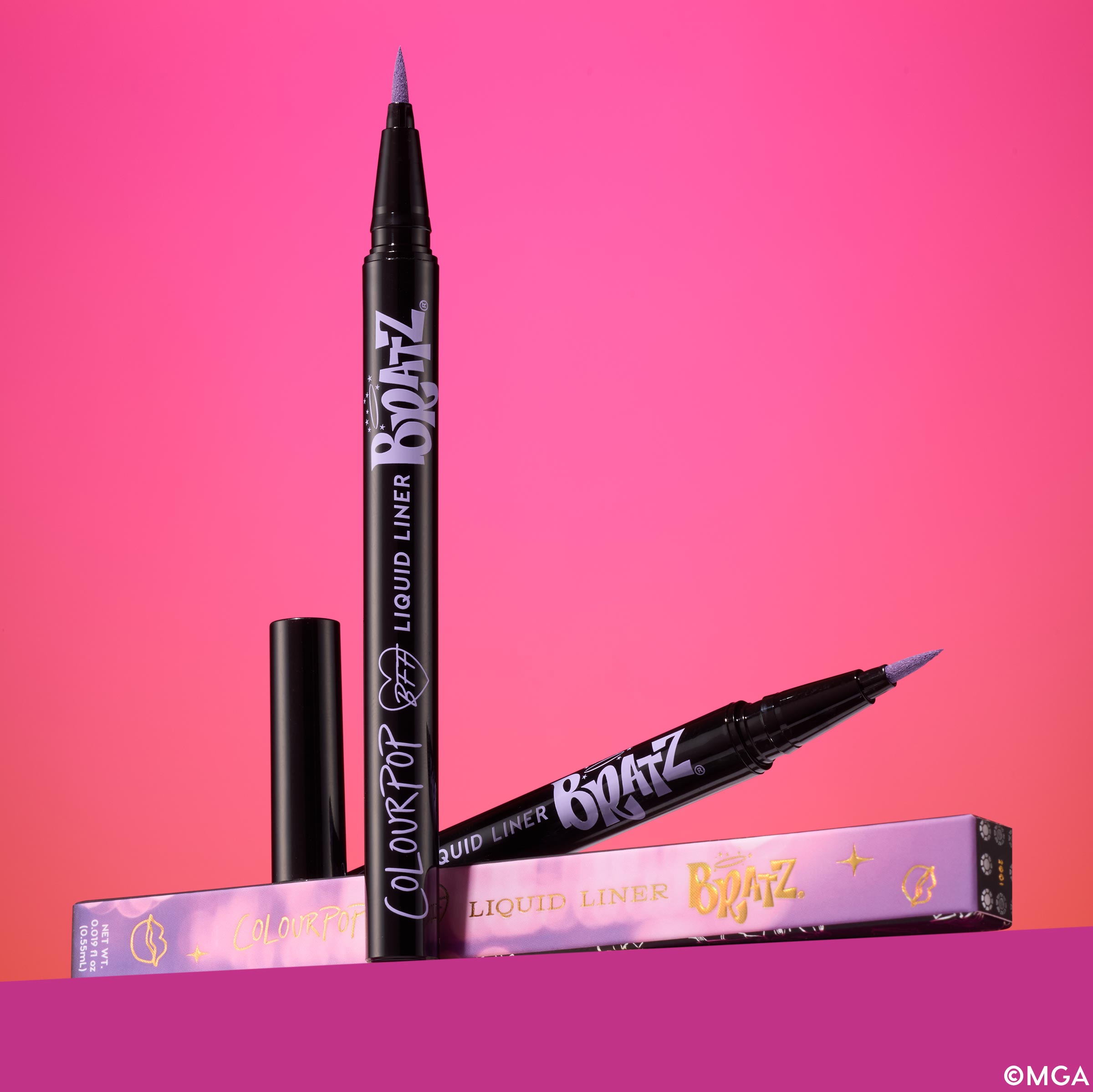 ColourPop BFF Liquid Liner 2001 showcases a precise lavender felt tip, one pen standing uncapped as another rests diagonally on its purple Bratz box against a hot pink gradient background, highlighting the long-wear liquid eyeliner.