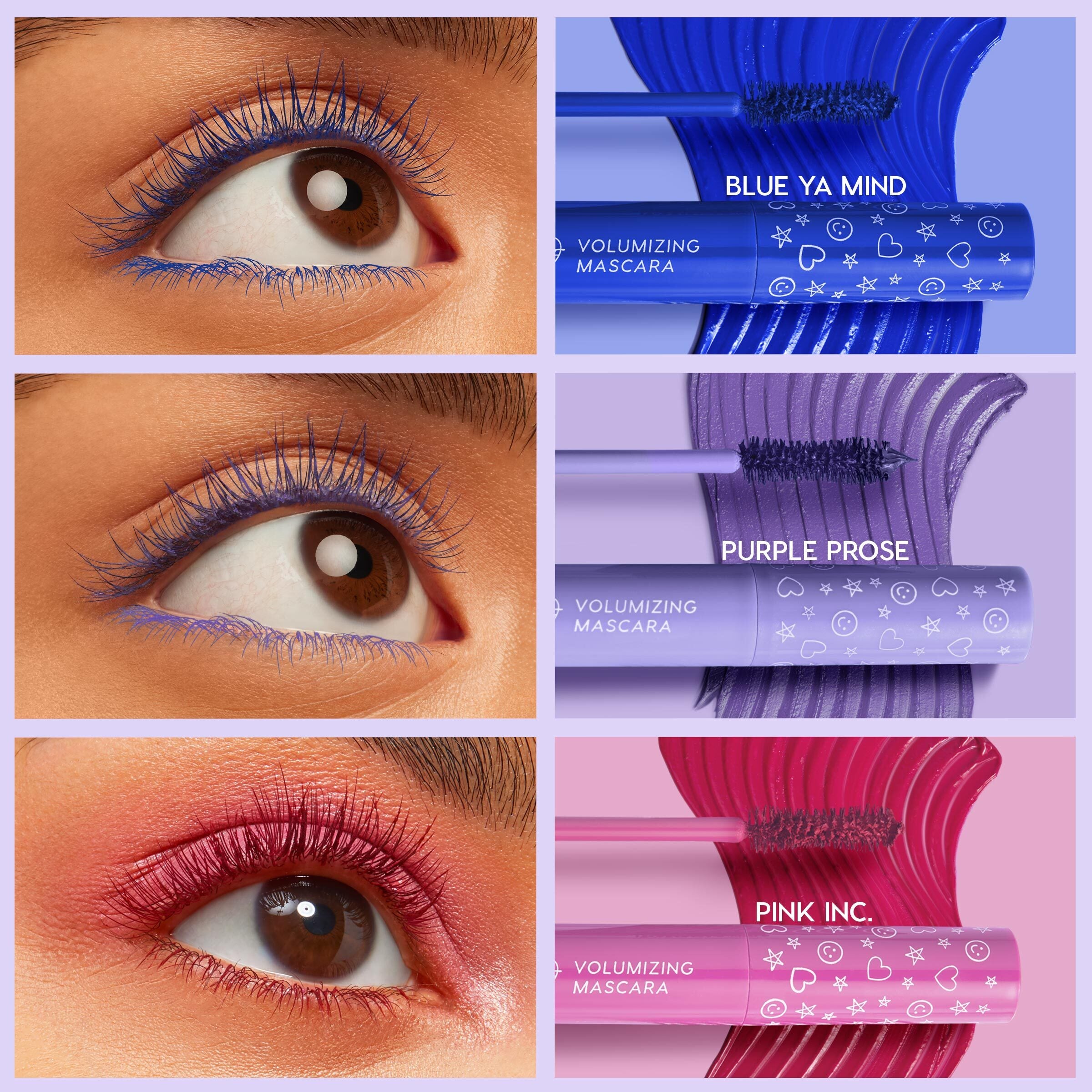 ColourPop Mascara Set Slays of the Week features three volumizing mascara looks - electric blue (Blue Ya Mind), lilac purple (Purple Prose), and hot pink (Pink Inc.) - applied on lashes, with matching star-and-heart printed tubes and bold swatch strokes in a studio collage.