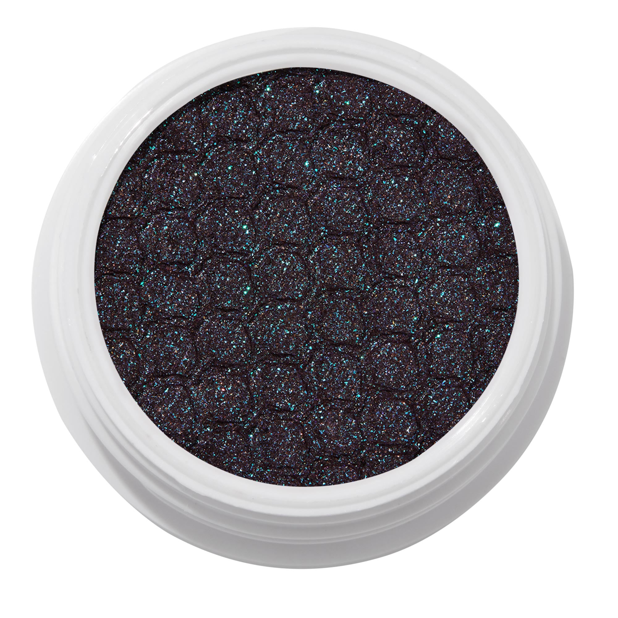 ColourPop Bae Super Shock Shadow shimmering in a white round pot, a deep plum-black cream eyeshadow packed with teal and blue microglitter and a quilted texture, shown close-up on a clean white background.