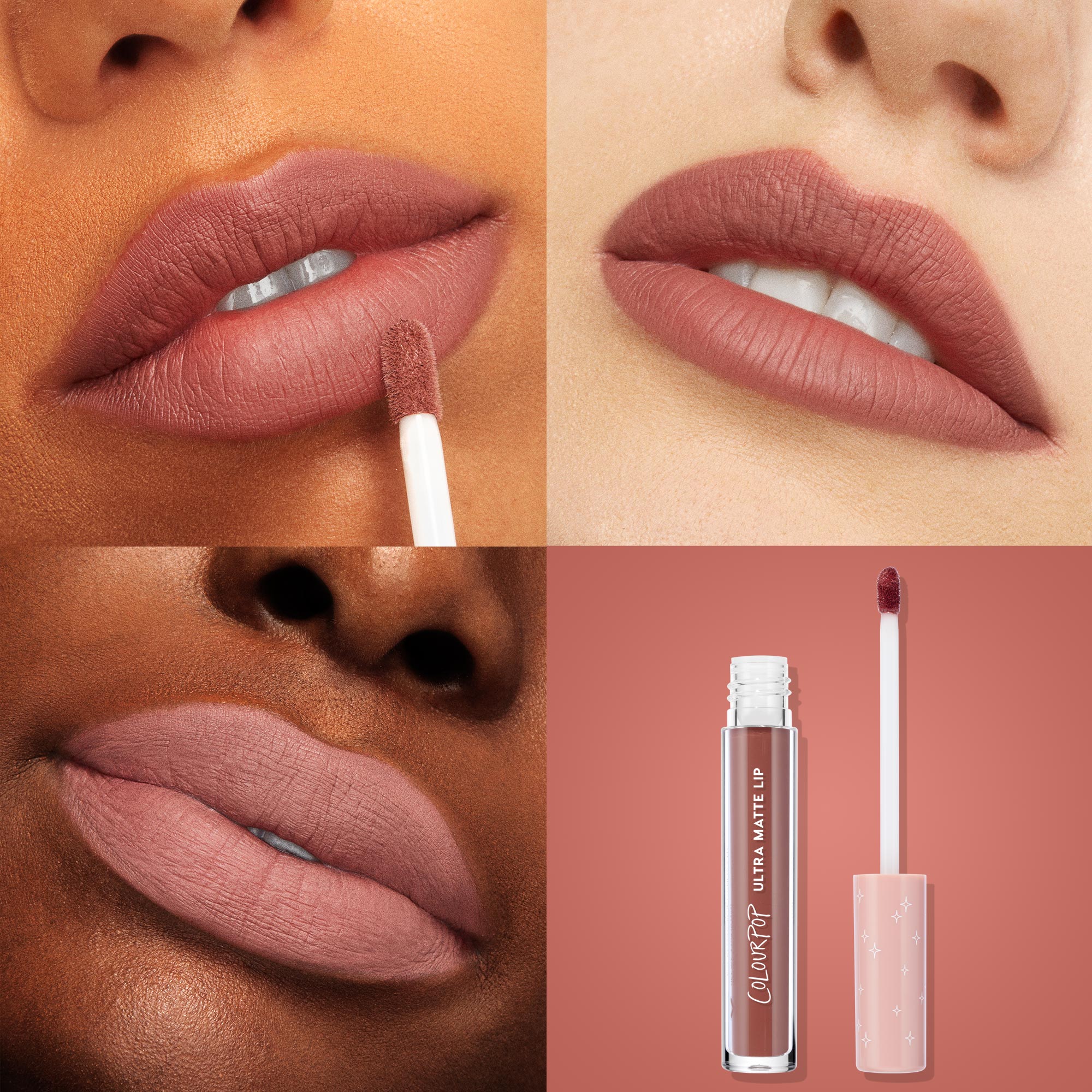ColourPop Ultra Matte Lip in Beeper coating lips with a mauve-brown, full-coverage matte finish; grid shows close-up swatches on varied skin tones and the product tube with doe-foot applicator and pink star cap.