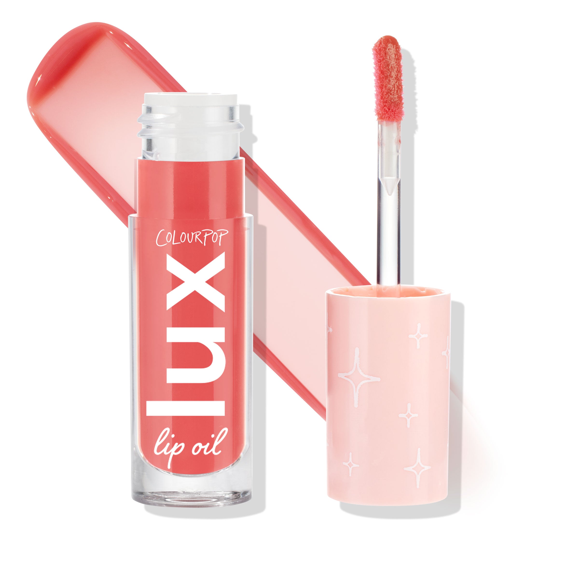 ColourPop Lux Lip Oil Bengal, cap off with doe-foot applicator coated in coral-pink oil, clear tube with white Lux logo and pale pink star-print cap, shown against a white background.