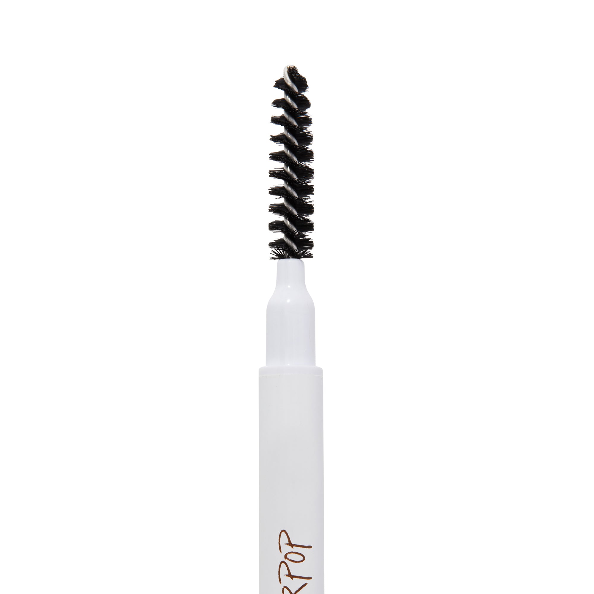 Champagne Blonde Pencil brow pencil by ColourPop, spoolie end standing upright in a macro close-up, black spiral bristles on a white tube against a clean white background for shaping and blending brows.