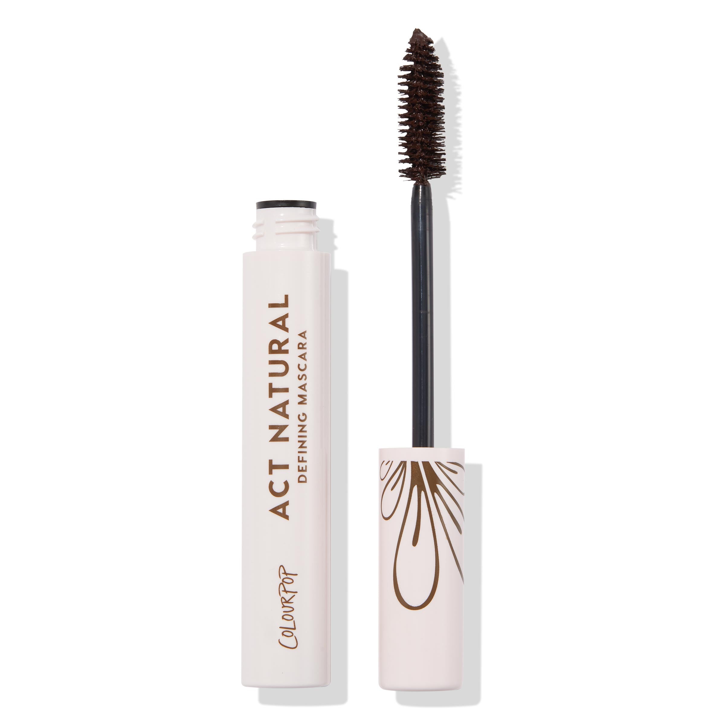 ColourPop Act Natural Mascara in Brown, open tube showing spoolie wand coated in brown formula beside a pale pink tube with brown “Act Natural Defining Mascara” text and droplet motif, product standing upright on a white background.