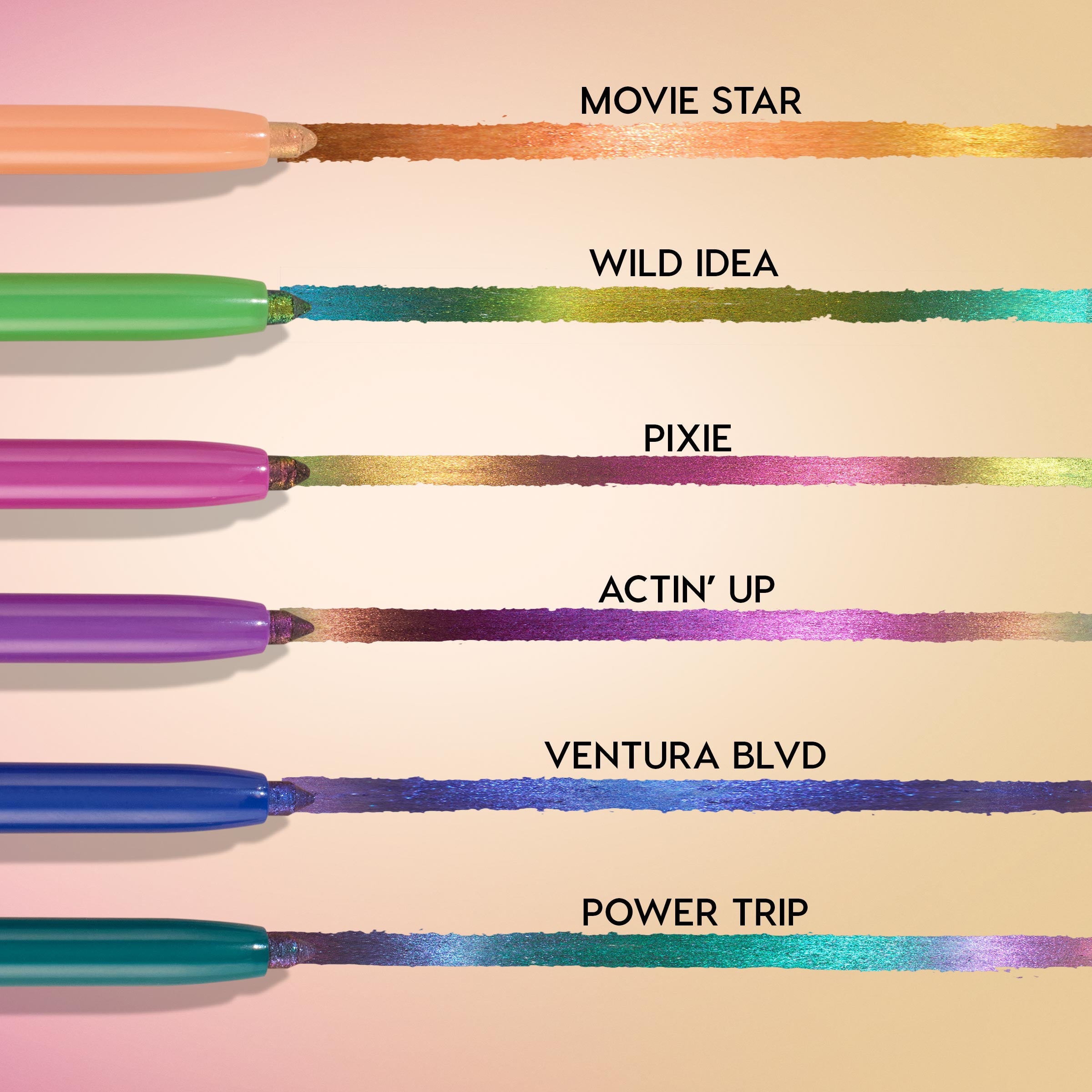 ColourPop Chrome Crème Gel Liner Chrome Hearted set displays six pencils sweeping multichrome swatches on a soft gradient: Movie Star copper-gold, Wild Idea teal-green, Pixie gold-pink, Actin' Up berry-pink, Ventura Blvd indigo, Power Trip teal-purple.