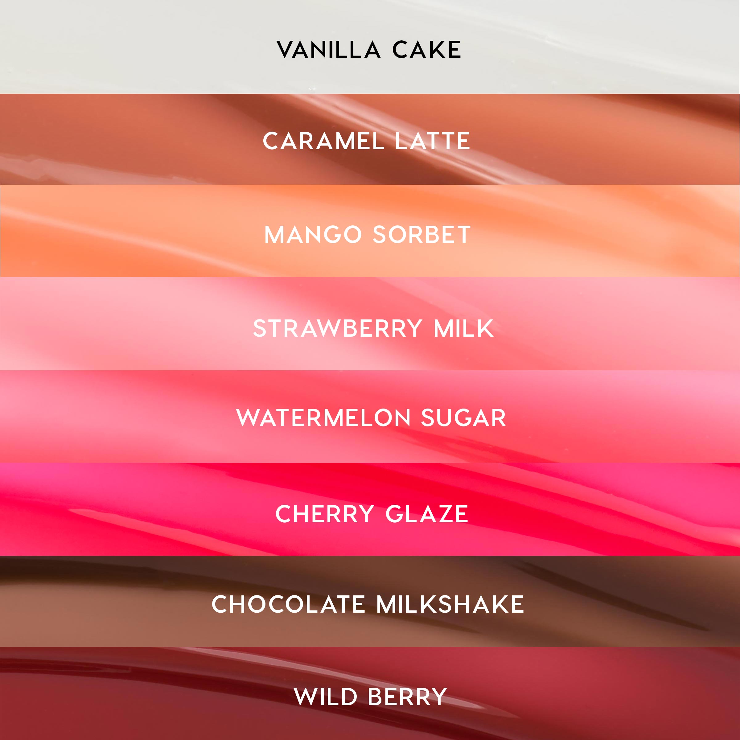 Gloss Goals ColourPop Full Collection Set swatches showing eight high-shine lip gloss shades - Vanilla Cake, Caramel Latte, Mango Sorbet, Strawberry Milk, Watermelon Sugar, Cherry Glaze, Chocolate Milkshake, and Wild Berry - stacked in glossy bands.