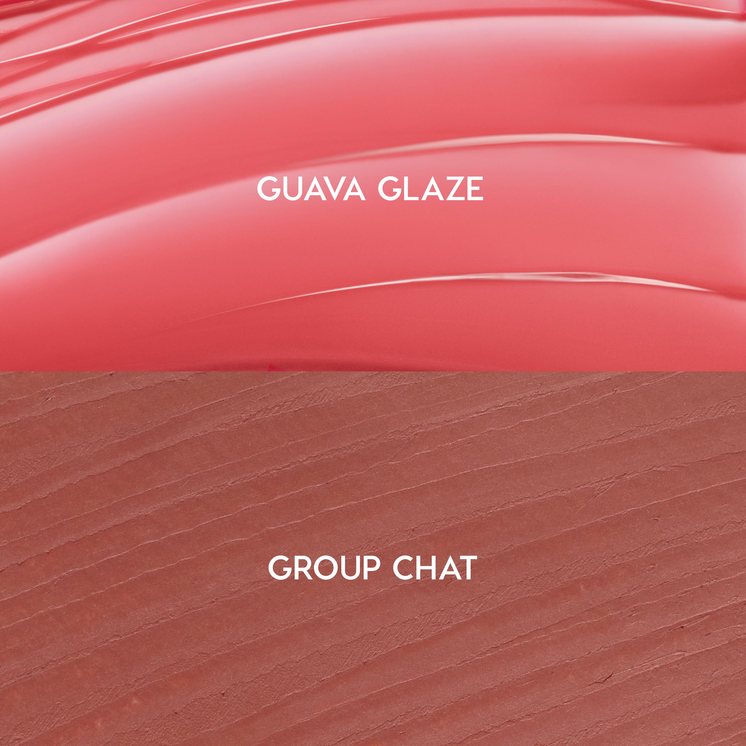 Glazed Pout swatches show ColourPop So Juicy Plumping Lip Liner & Balm Set: top glossy coral balm “Guava Glaze” and bottom warm rosy-brown liner “Group Chat,” split panel highlighting texture and shade pairing.
