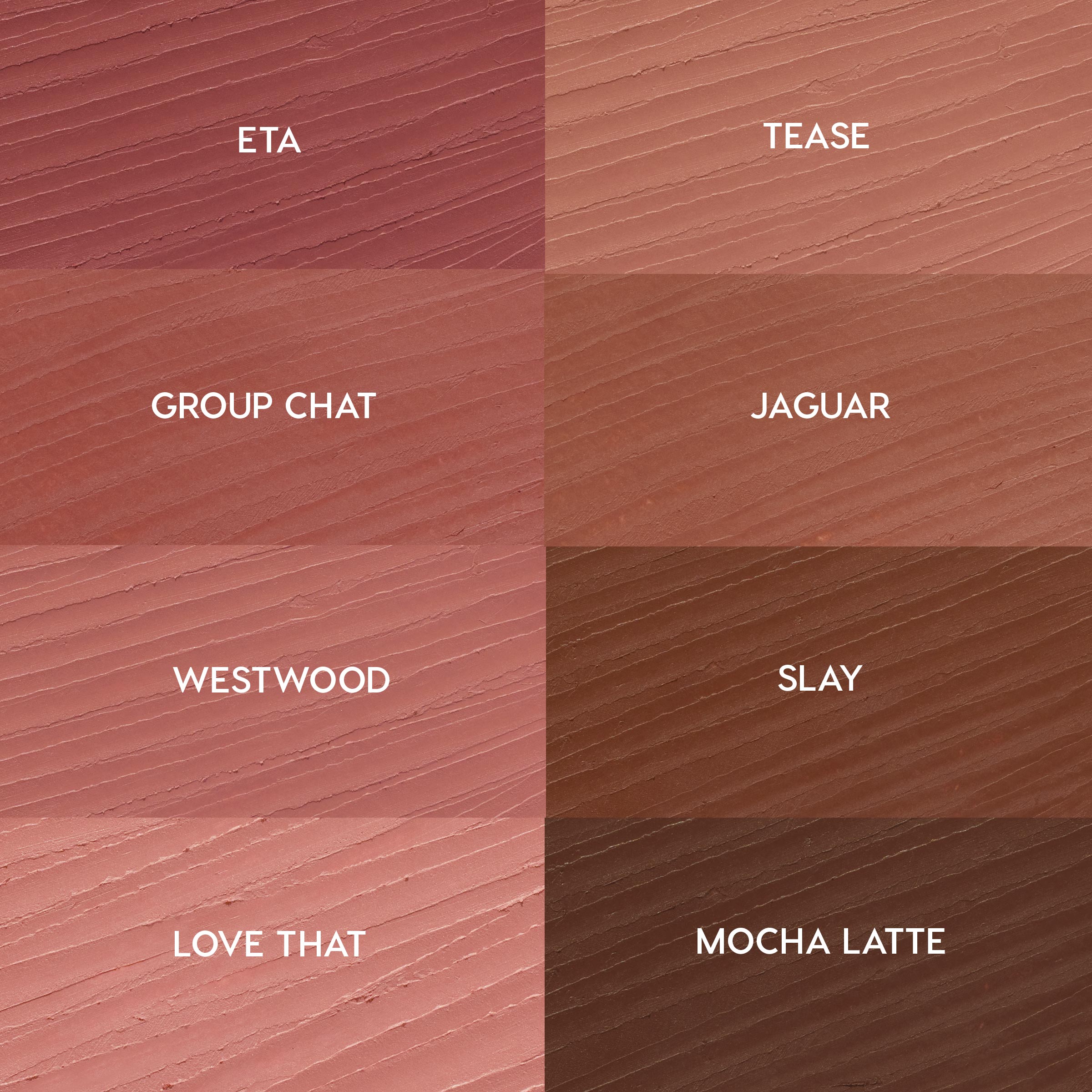 Swatch grid highlighting Juiciest Pout, the ColourPop So Juicy Plumping Lip Liner Set - eight creamy shades in a 2x4 layout labeled ETA, TEASE, GROUP CHAT, JAGUAR, WESTWOOD, SLAY, LOVE THAT, MOCHA LATTE - spanning rosy mauves to rich browns.