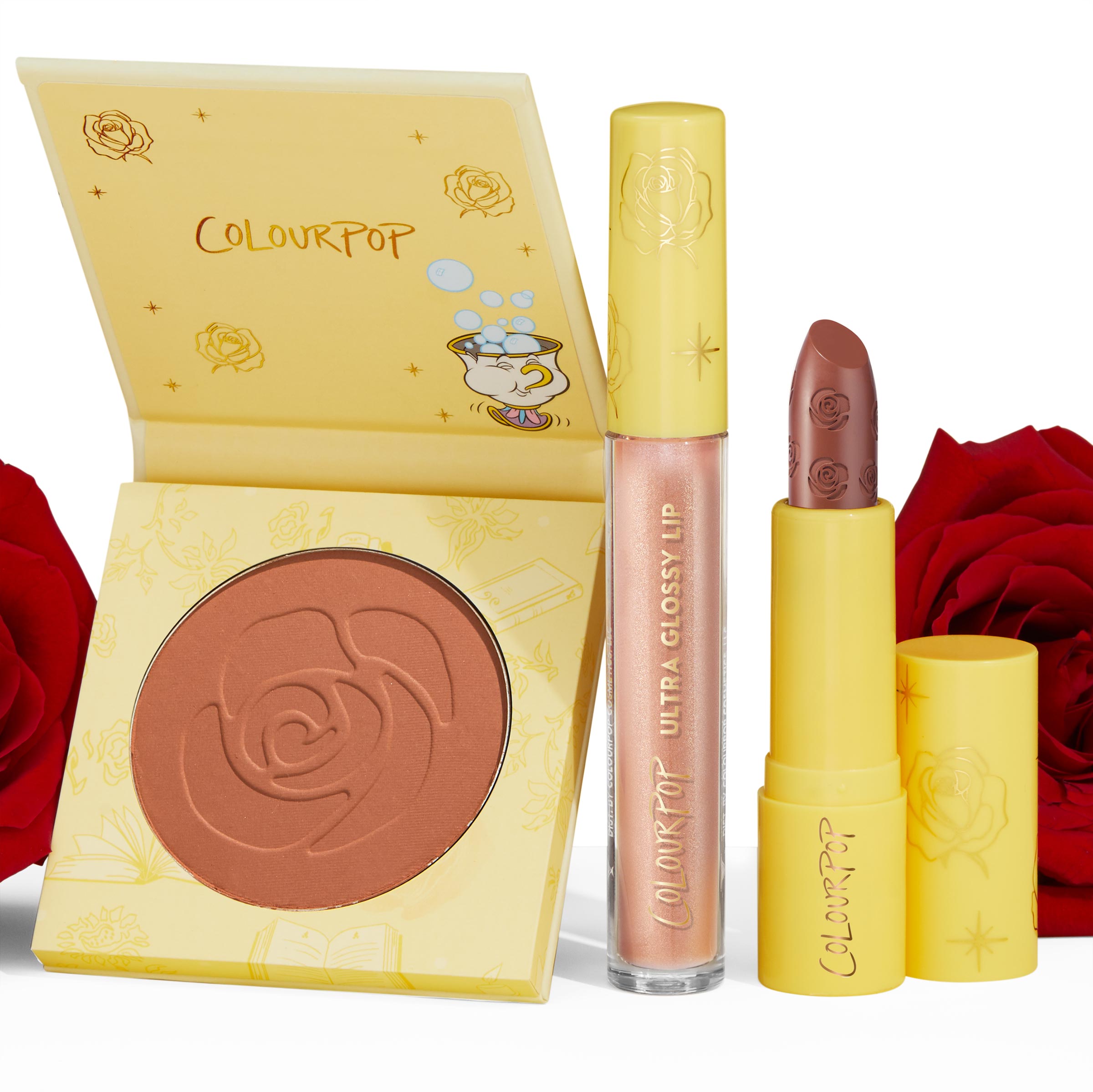 Kind at Heart ColourPop Lip & Cheek Set featuring an open rose-embossed blush compact with Chip illustration, a pearly Ultra Glossy Lip, and mauve bullet lipstick in yellow rose-print packaging, styled on white with red roses.