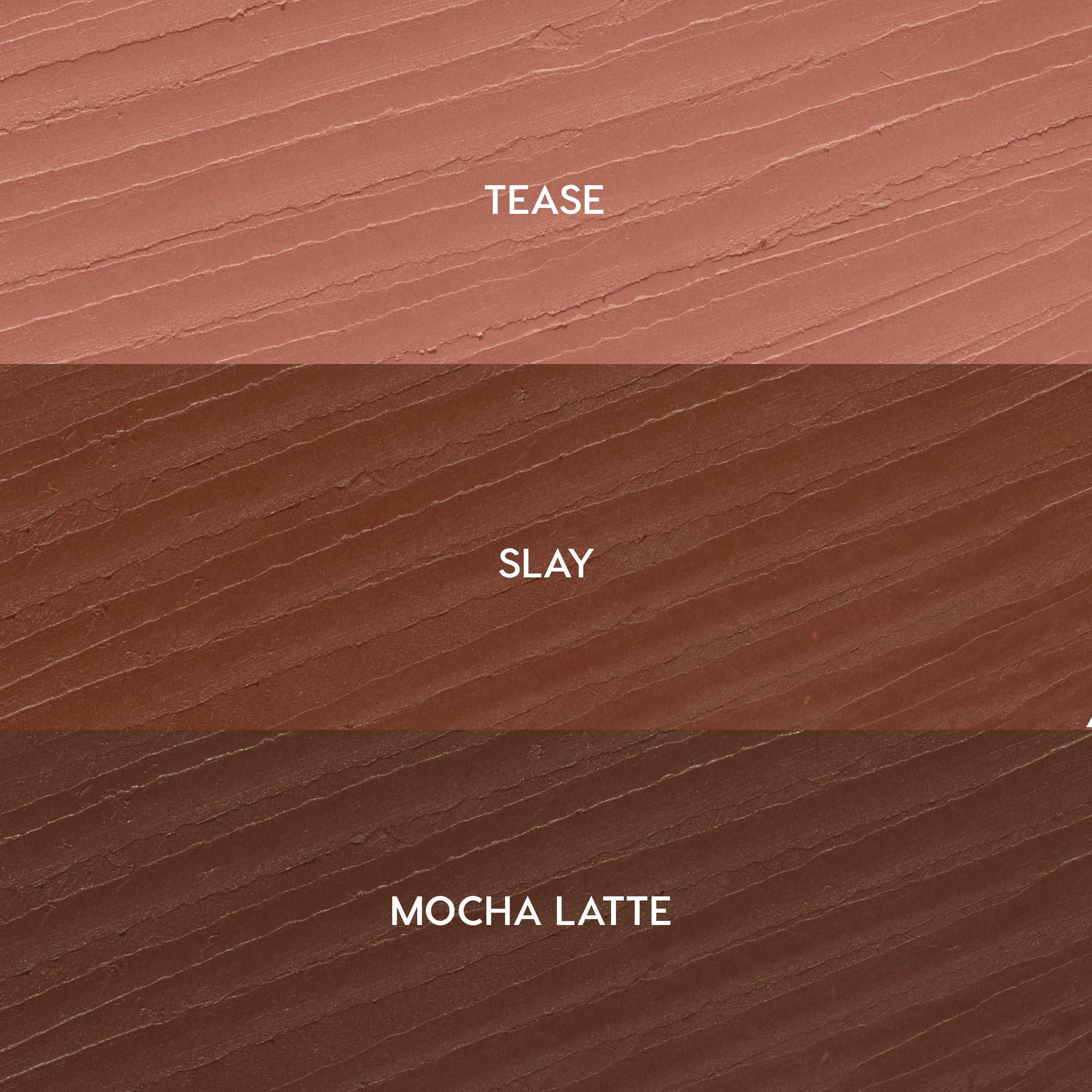 Three stacked lip liner swatches labeled Tease (soft pink nude), Slay (warm brown), and Mocha Latte (deep mocha) show a smooth, creamy texture, representing the ColourPop So Juicy Plumping Lip Liner Set, Total Slay.