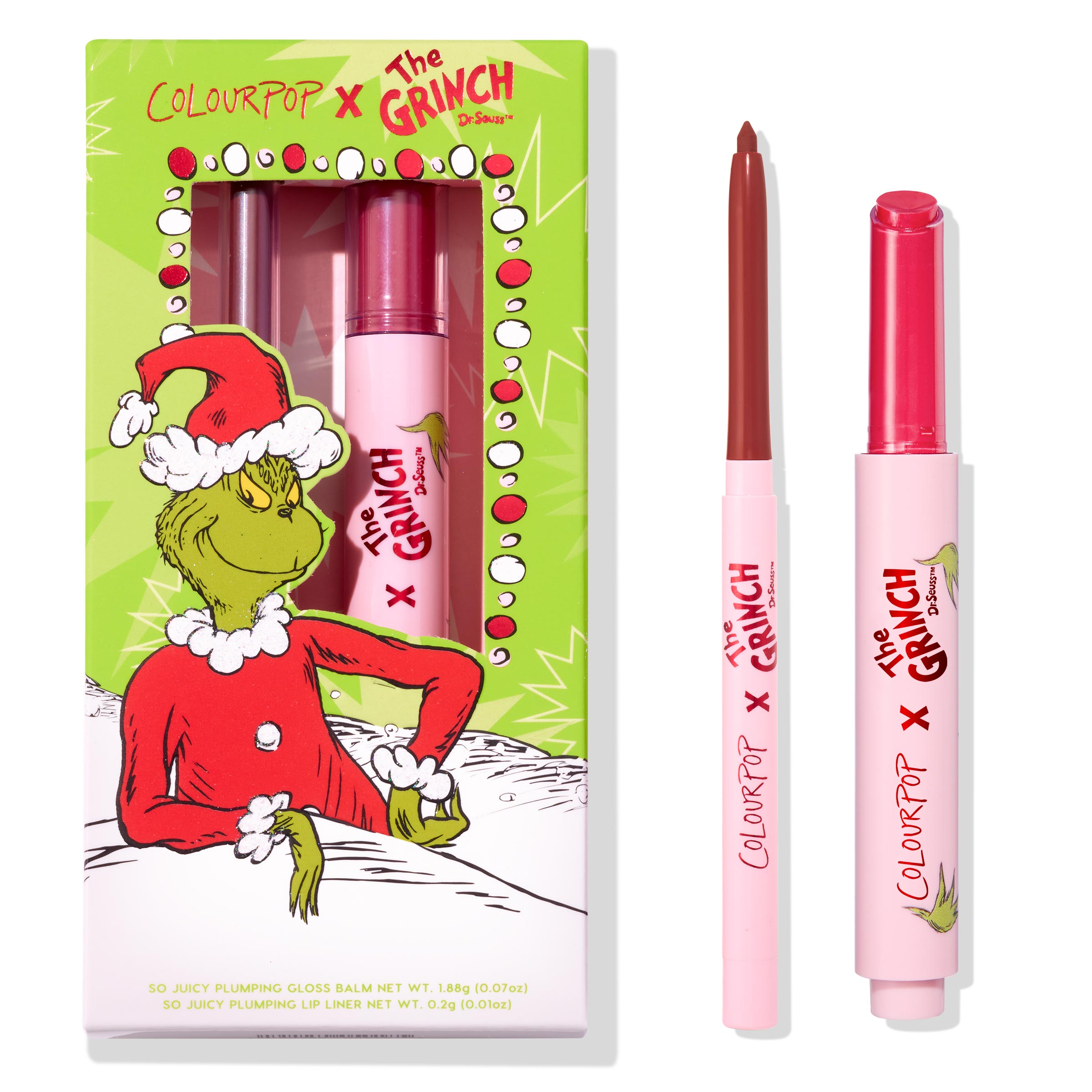 Berry Grinchy So Juicy Plumping Gloss Stick by ColourPop shown with matching lip liner, both in pink tubes, set beside a green ColourPop x The Grinch holiday box featuring the Grinch; berry shade bullet and liner tip visible.