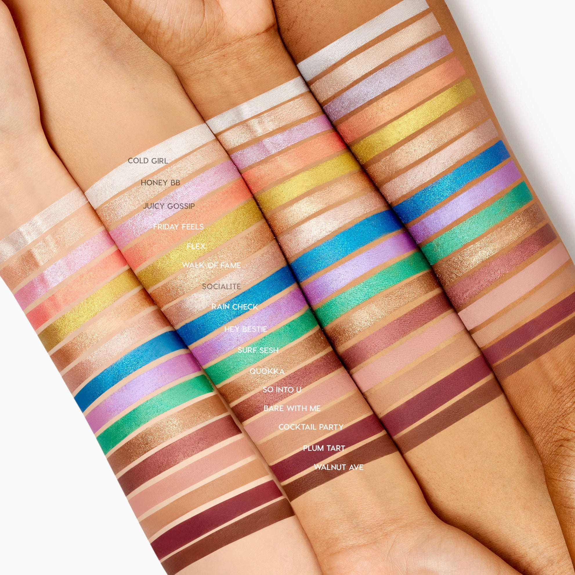 ColourPop Shadow Stix swatches on four arms, featuring the shade Cocktail Party labeled among rows of neutrals, brights, and shimmers; stacked stripes show color payoff across light to deep skin tones.
