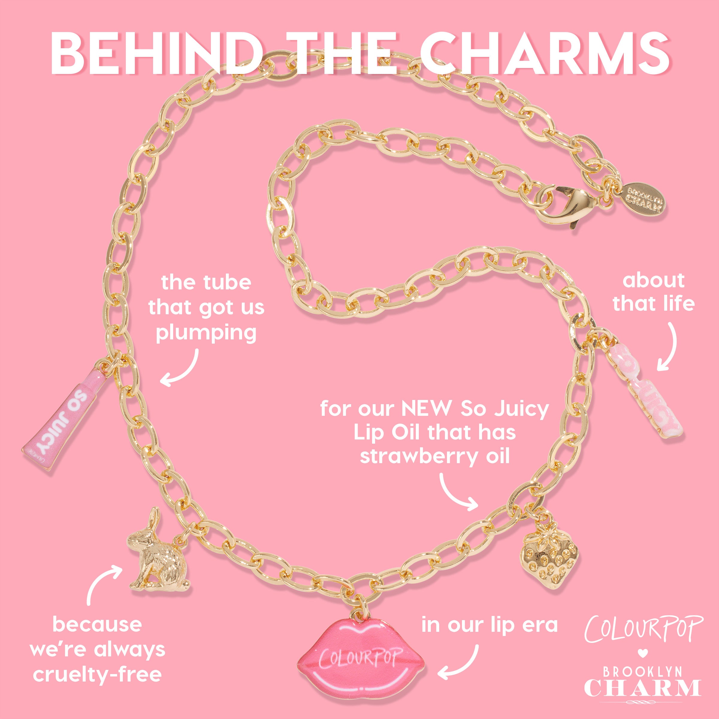 Brooklyn Charm x ColourPop Necklace showcases a gold link chain with enamel charms - pink lips reading ColourPop, So Juicy lip oil tube, bunny, strawberry, and pink beaded vial - laid flat on a pink background for a playful, beauty-inspired vibe.