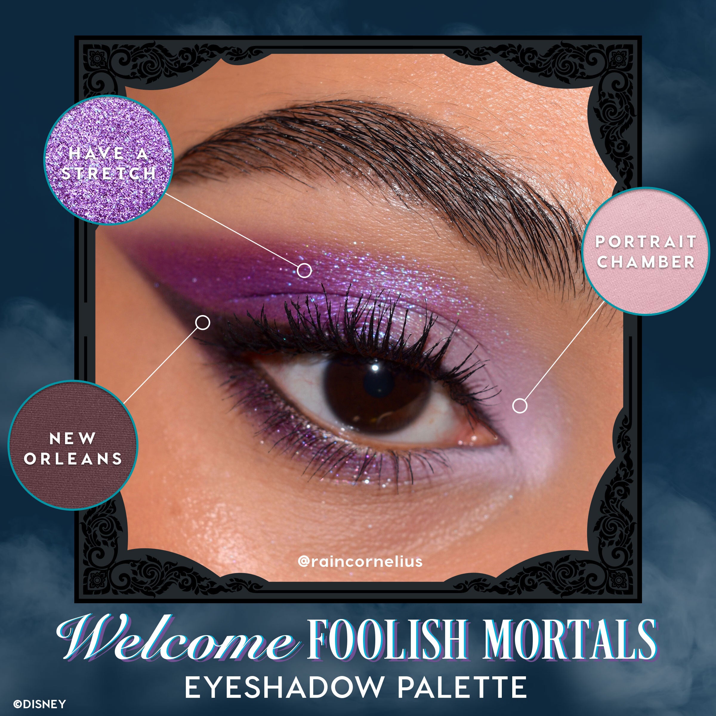 Shimmering purple cat-eye showcases the Welcome Foolish Mortals ColourPop Shadow Palette, using Have a Stretch glitter on the lid, Portrait Chamber pastel at the inner corner, and New Orleans deep plum smoked along the lash line in a close-up.