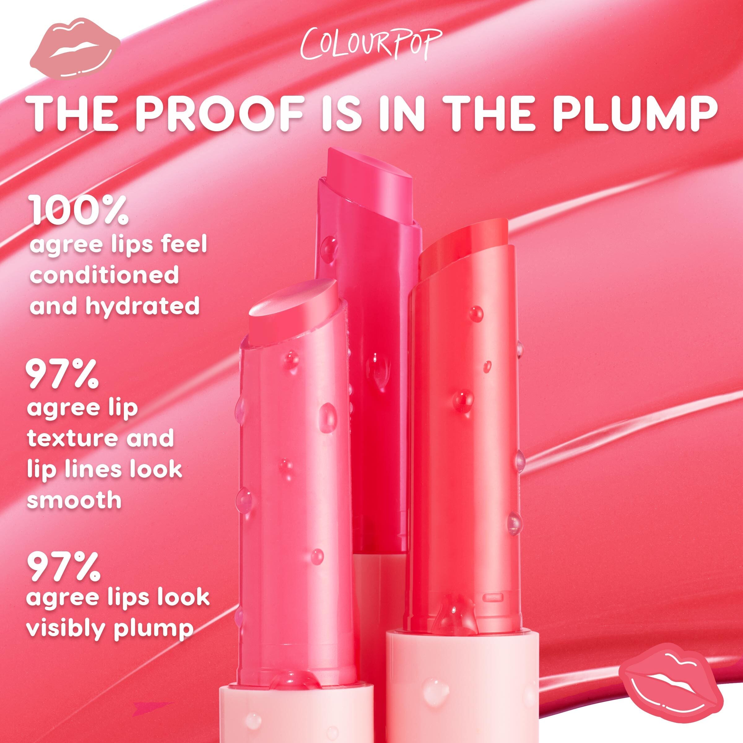 ColourPop So Juicy Plumping Gloss Balm with Peptides in shade PSL stands upright with dewy droplets, three pink bullet balms on a glossy blush backdrop, highlighting claims of 100% conditioned hydration and 97% smoother, visibly plump lips.