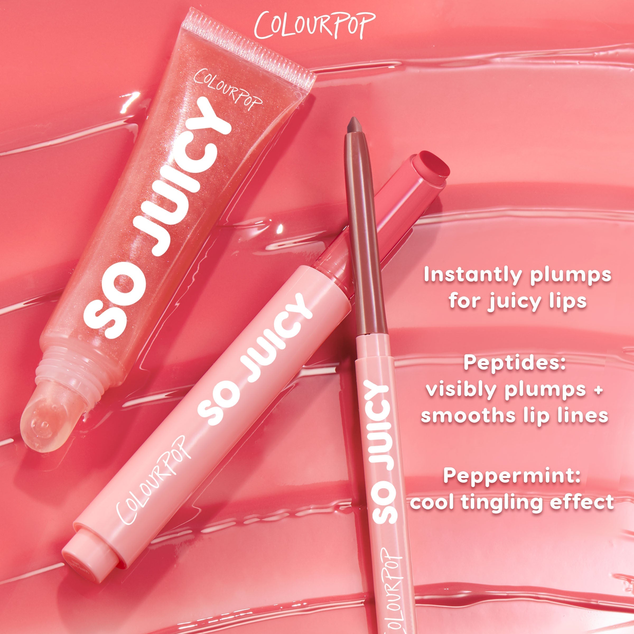 Colourpop Lips Don’t Lie So Juicy Plumping Lip Liner Set arranged on glossy pink background, showing lip gloss tube and matching liners with bold “So Juicy” text and callouts for peptides, peppermint, and instantly plumped lips, part of Best of NLD collection.