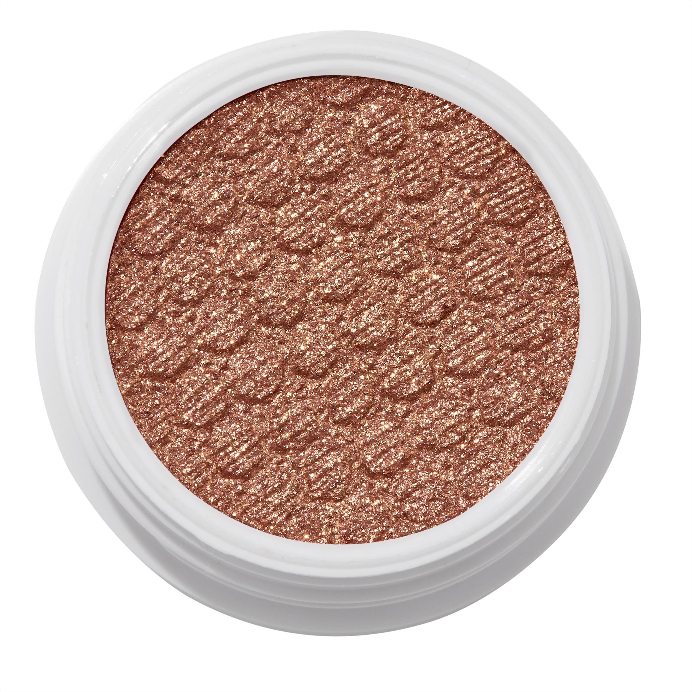 ColourPop DGAF Super Shock Shadow catching light, a warm copper-bronze shimmer with fine gold glitter and a dimpled, bouncy texture, shown close-up in a white round pot on a clean studio background.