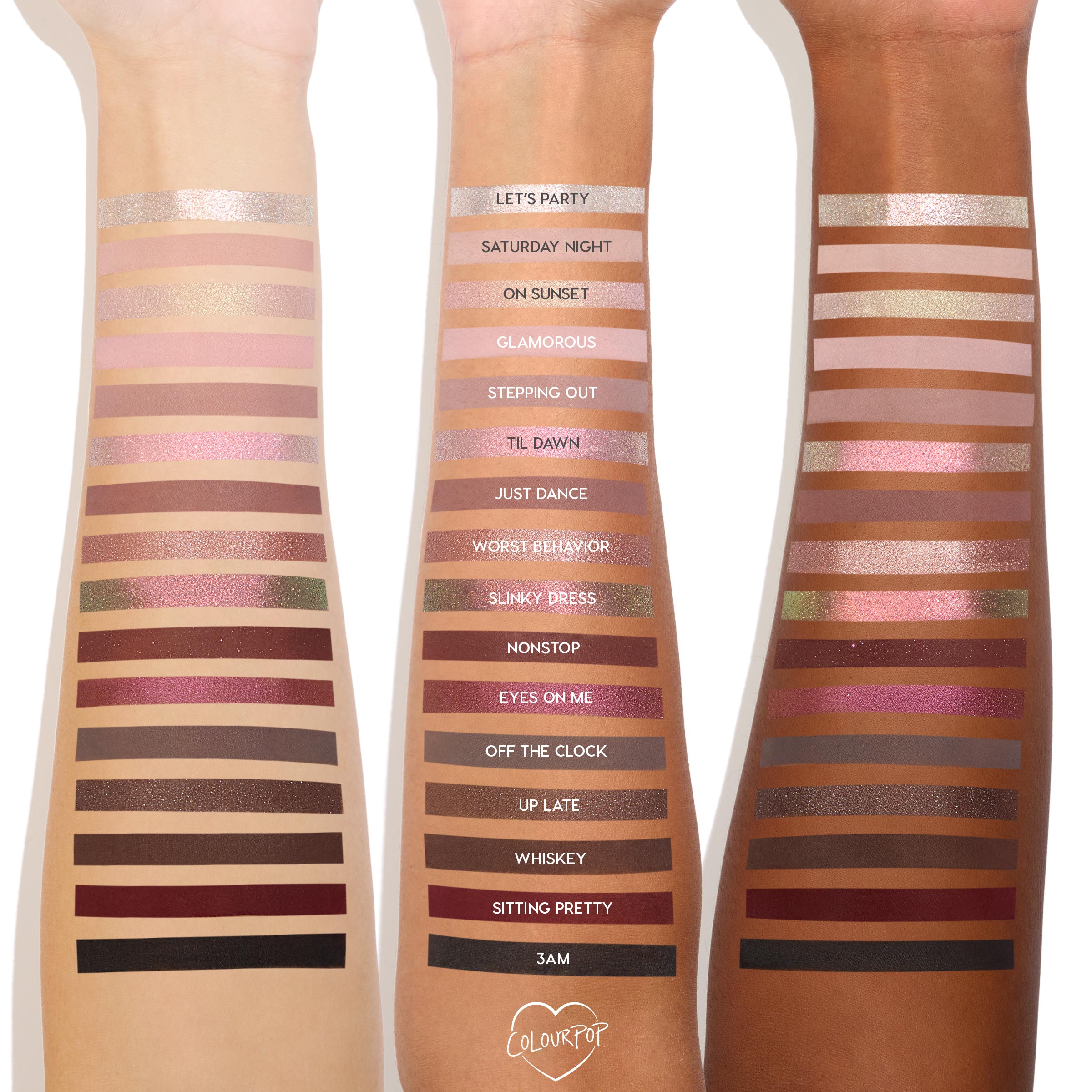 ColourPop After Hours shadow palette swatched in horizontal stripes across three arms of light, medium, and deep skin, showing 16 shades - matte and shimmer neutrals, pinks, coppers, berries, and deep black - with shade names on a white studio background.