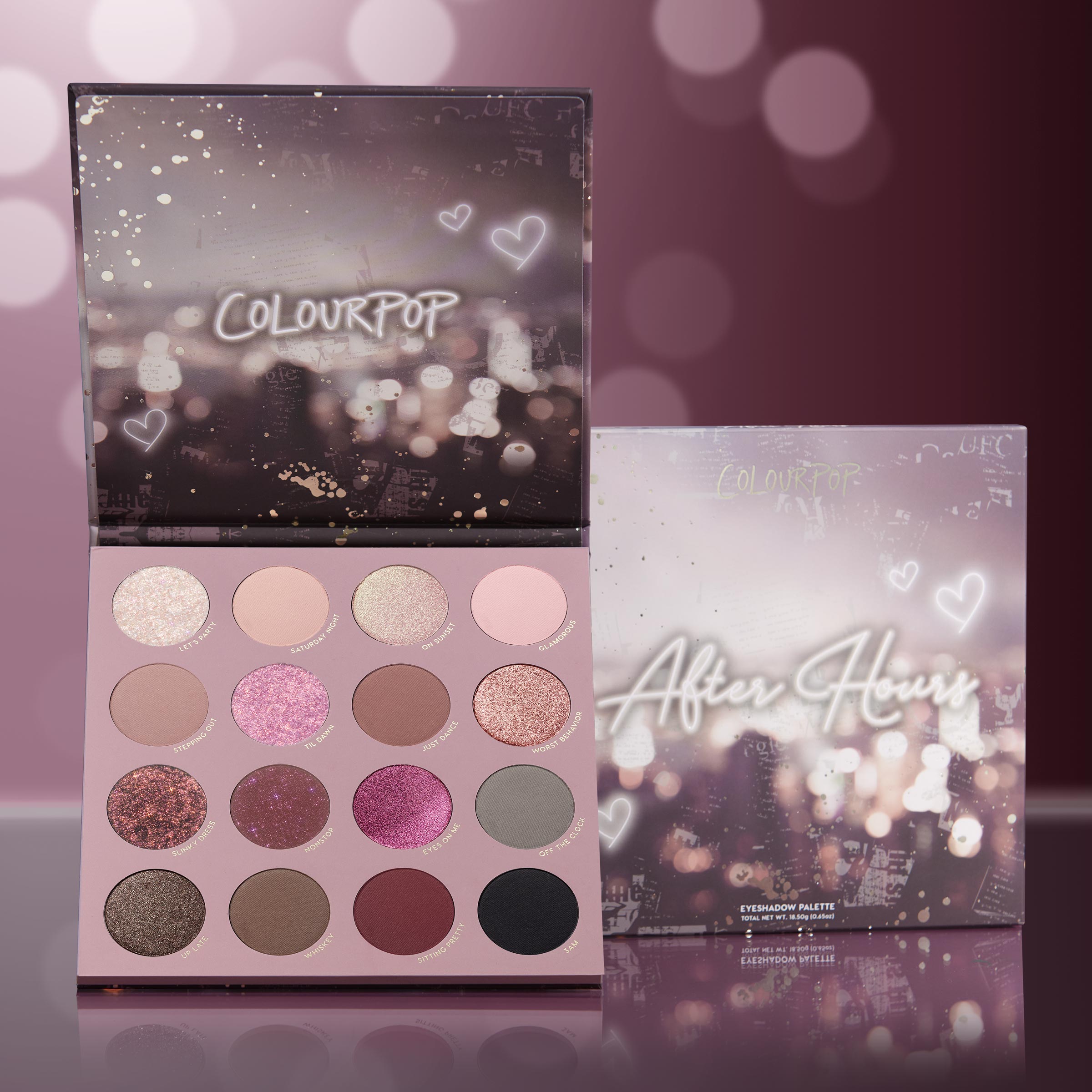 ColourPop Shadow Palette After Hours opens to show 16 rosy neutrals, pinks, mauves, and smoky shades in matte and shimmer finishes, with a bokeh heart-print lid and matching After Hours box beside it on a blush backdrop.