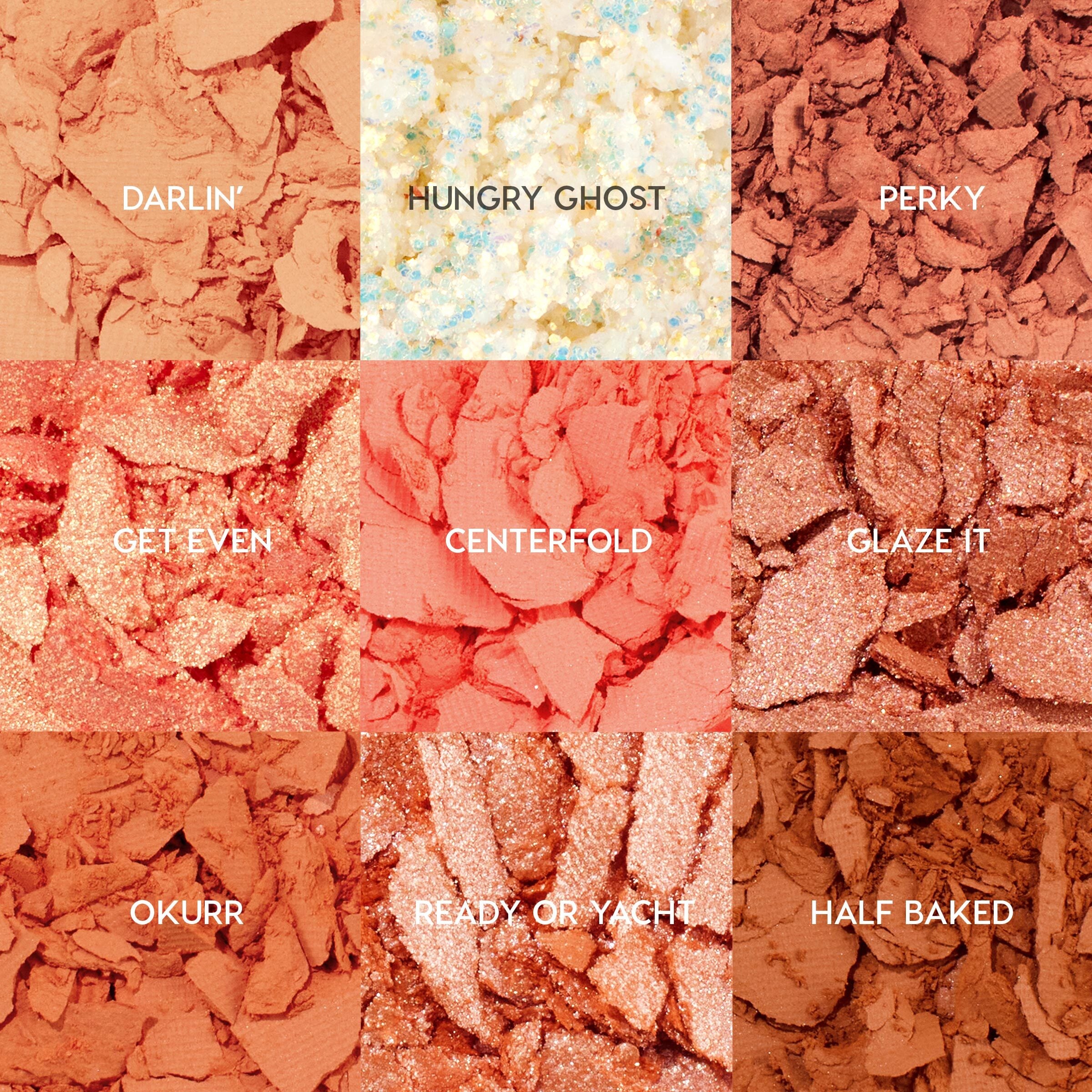 Baby Got Peach ColourPop Shadow Palette swatches displayed as crushed shadows in a 3x3 grid, showcasing peach and copper mattes and shimmers: Darlin’, Hungry Ghost, Perky, Get Even, Centerfold, Glaze It, Okurr, Ready or Yacht, Half Baked.