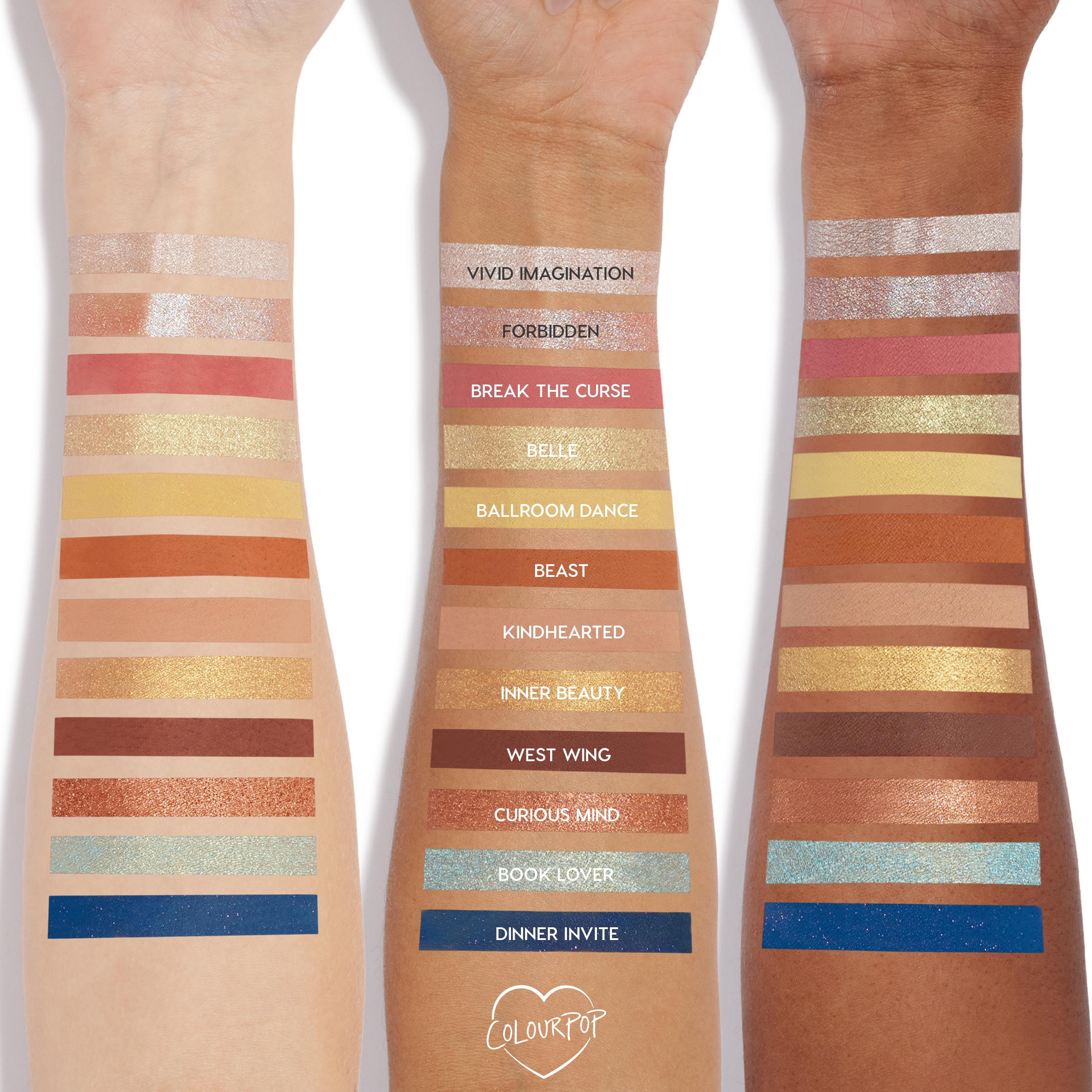 Three arms display swatches of the ColourPop As Old As Time Shadow Palette, Cheek & Lip Set, showing matte and shimmer shades labeled from silver and rose to gold, mustard, bronze, teal, and deep navy across light, medium, and deep skin tones.