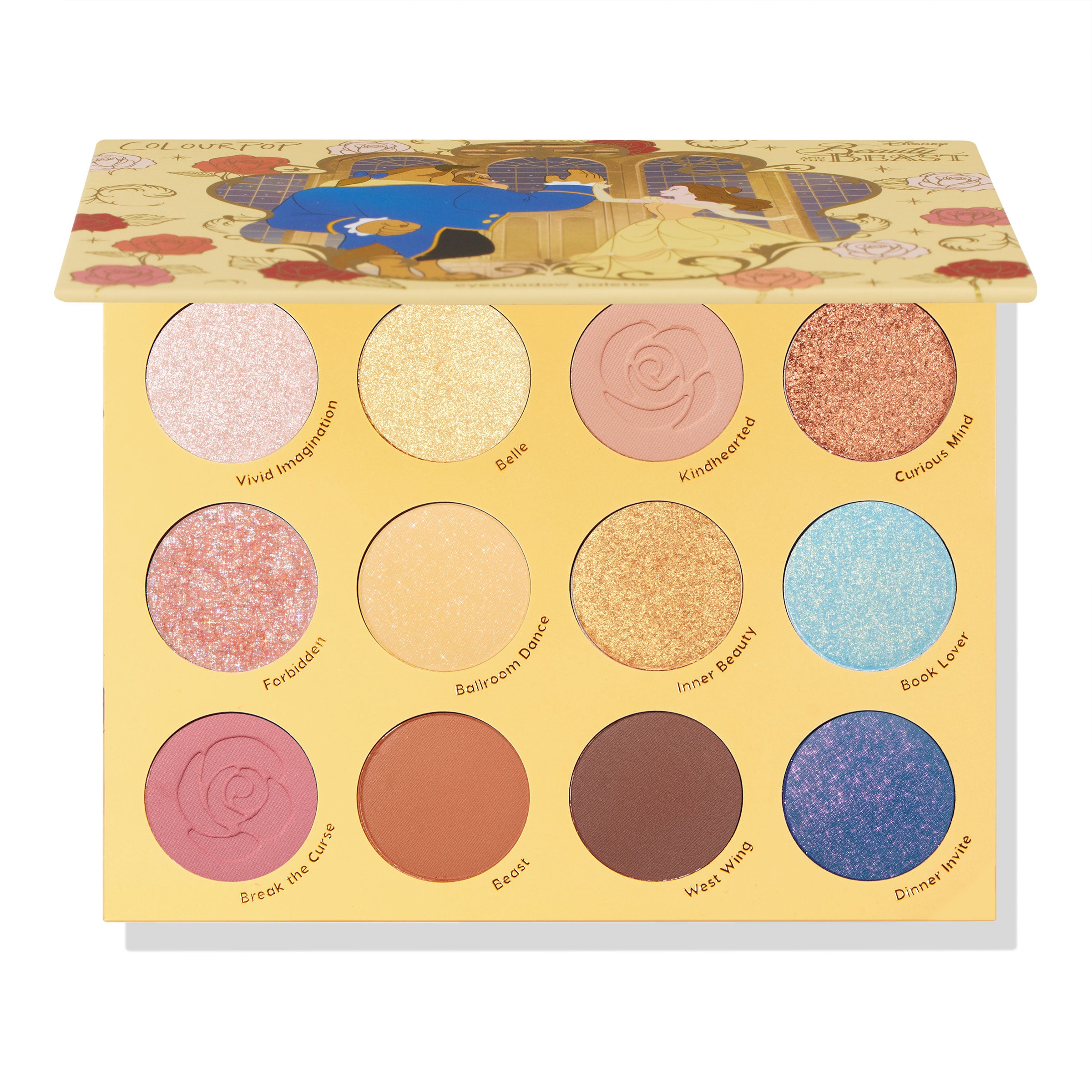 Open Beauty and the Beast ColourPop Shadow Palette showcasing 12 pans of shimmer and matte shadows - rosy pinks, champagne golds, copper, sky blue, and royal purple - with rose-embossed shades and character art on the lid, set against a white background.